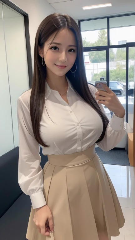 ((highest quality, 8k, masterpiece, Portraiture: 1.3)), (Looking at the audience), (Full Shot:0.85), 魅力的なビジネスのMature Woman, 1 person, Slightly thicker:0.35,Random hairstyle in brown color、 White collared shirt, Grey Skirt,((Big Tits 2.3)) (Large pelvis:0.8), (officeチェアに座っている)), smile:0.2, president'office,Good posture、(((Mature Woman))), (((56 years old)))