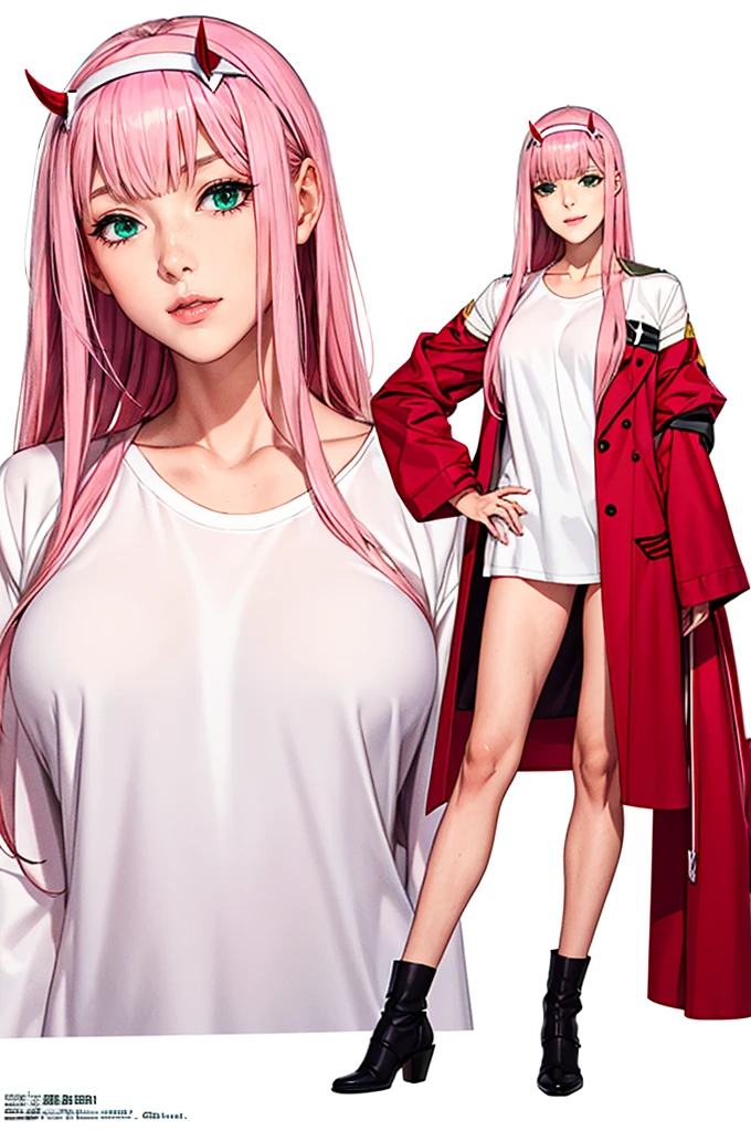 Zero Two, Absurd, One girl, Green Eyes, Pink Hair, Long Hair, Eyes Wide Open, eyelash, View Viewer, Zero Two, horn, whole body, hair band, Are standing, White shirt, Long sleeve, Blunt bangs, White Background, cute, Happy, ((Official Art)), Thigh