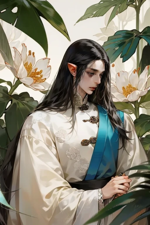 A male elf, with long black hair and blue eyes . 
Detailed artwork on his clothes .
Flowers and plants around him.
Donghua Chinese Elaborate Style 