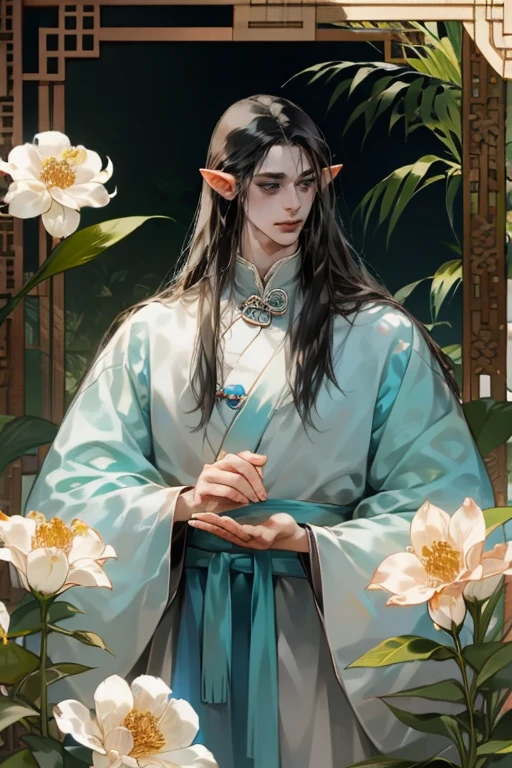 A male elf, with long black hair and blue eyes .
Detailed artwork on his clothes .
Flowers and plants around him.
Donghua Chinese Elaborate Style