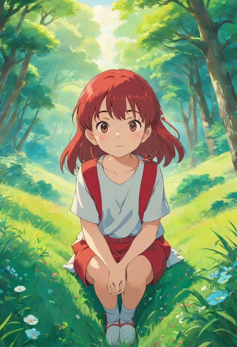 3 years old ,Young,Shortcuts,Red Salopette,A strange look,In the style of a tranquil grassy landscape, Colorful animated stills, masami teraoka, Aquamarine, Paul Gauguin, Embry Style, Honest portrayal