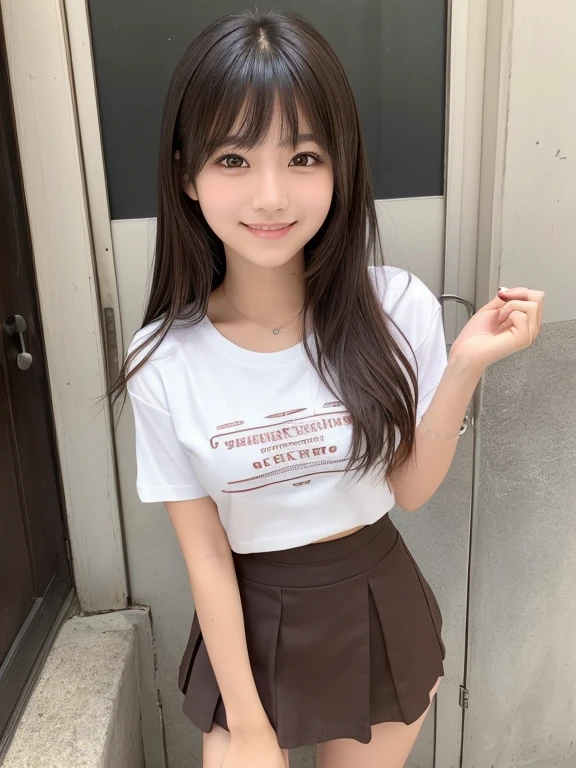 ((highest quality)), ((masterpiece)), (detailed),Japanese Beauty, One Girl, (beautiful girl:1.3), (:1.2), Very fine grain definition, (Symmetrical eyes:1.3),(A short, plain T-shirt:1.3), Beautiful breasts, Brown eyes, Parted bangs, Dark Hair, Medium Hair,  (smile:1.3), Cafe, (Flared mini skirt:1.3)