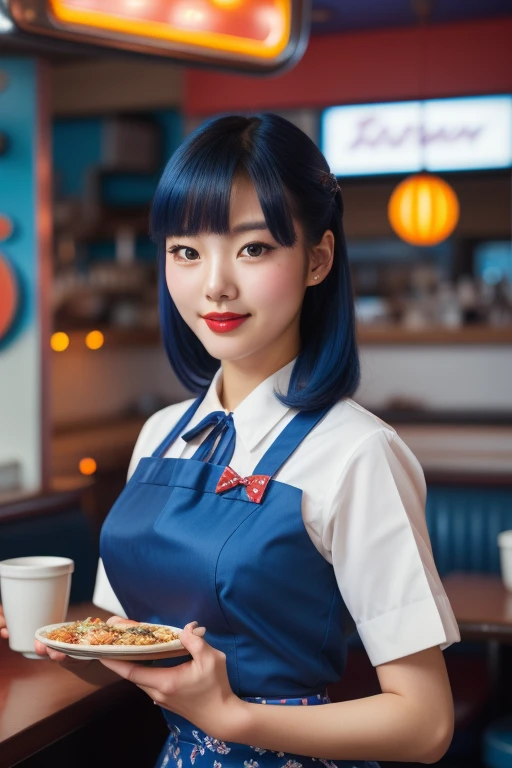 A beautiful young korean woman, professional photograph of a detailed vintage diner with waitress serving customers, random hair style, blue red and purple theme, 1950s dress, detailed face, busy background, camera blurr, sharp focus, film grain, masterpiece, immaculate detail, sci-fi, 8k uhd, high quality, film grain