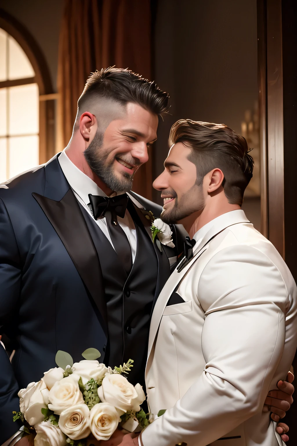 Award-winning original photos，2men, wild muscular men, (40 years old), beards, burly, hunk, jackets, smilling happily, wedding ceremony, (tuxedos), hugging, detailed, lovely, faces closeup, flowers, from the side