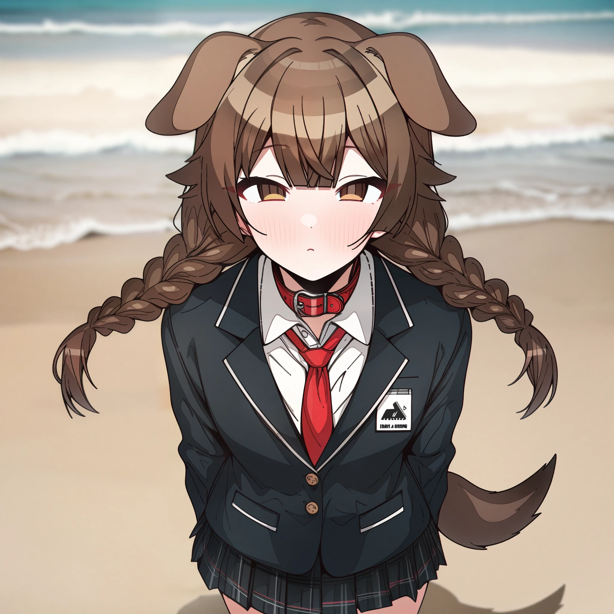 hoshino_(blue_archive) with brown hair and brown eyes, Artist, erere, Copyrights, idolmaster, idolmaster_shiny_colors, Character, General, 1girl, brown_hair, blunt_bangs, blush, medium_breasts, breasts, detailed eyelashes, beatiful girl:1, brown_eyes, censored, school_uniform, black pleated skirt, black blazer, white shirt, red tie, dog_tail, animal_collar, twin_braids, dog_ears, bone_hair_ornament, :|:0.5, (full_body) (standing in middle, beach), sky:0.7, half-closed_eyes, detailed, sand, outdoors, from_side, looking_at_viewer, masterpiece, best_quality, great_quality, girl, solo, center_composition, centered character, cute
