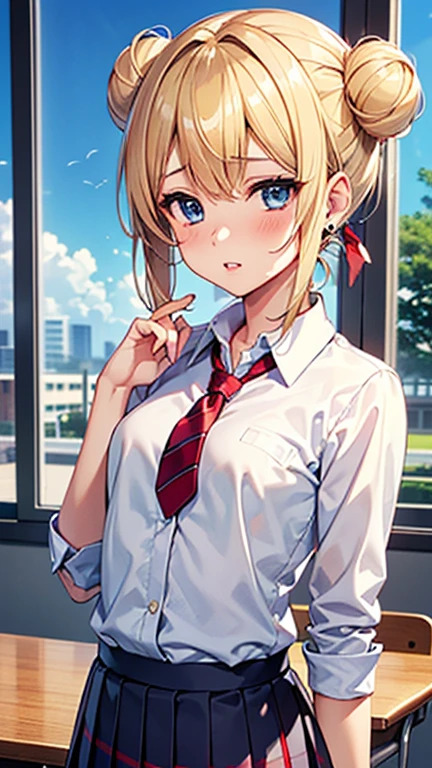A girl is posing for a photo,pretty girl,Enchanting girl,Anime Girls,
(((One Girl,Baby Face,))),
BREAK
((navy blue plain blazer + White collared shirt + Red checked pleated skirt + Red tie + Navy blue knee socks + Black Loafers + red headband))、Earrings、Fancy Necklace、
BREAK
((Blonde + Double buns on both sides))、
(Drooping eyes,blue eyes),(Small breasts),
BREAK
(Beautiful Hair,Shiny Hair),
(Expression of fine eyes,Beautiful and delicate eyes,Sparkling eyes,Eye Reflexes),
(double eyelid,Long eyelashes),
(Beautiful Nose,Thin Nose),
(Glossy lips,Beautiful Lips,Thick lips),
(Symmetrical facial features,Perfect Face),(((Detailed skin,Oily skin,Textured skin,Beautiful Skin))),
BREAK
(Embarrassed look + Blushing + Close one eye),
((noon、classroom:1.4、sunlight、Window)),((Are standing、Look forward、Face the viewer、Upper Body Shot)),
BREAK
(((highest quality)),((masterpiece)),((Very detailed))),((High resolution),(8k),(16k,1080p),(Anime 2D Rendering)),(Anatomically correct),
(The best CG),Highly detailed art,CG illustration,