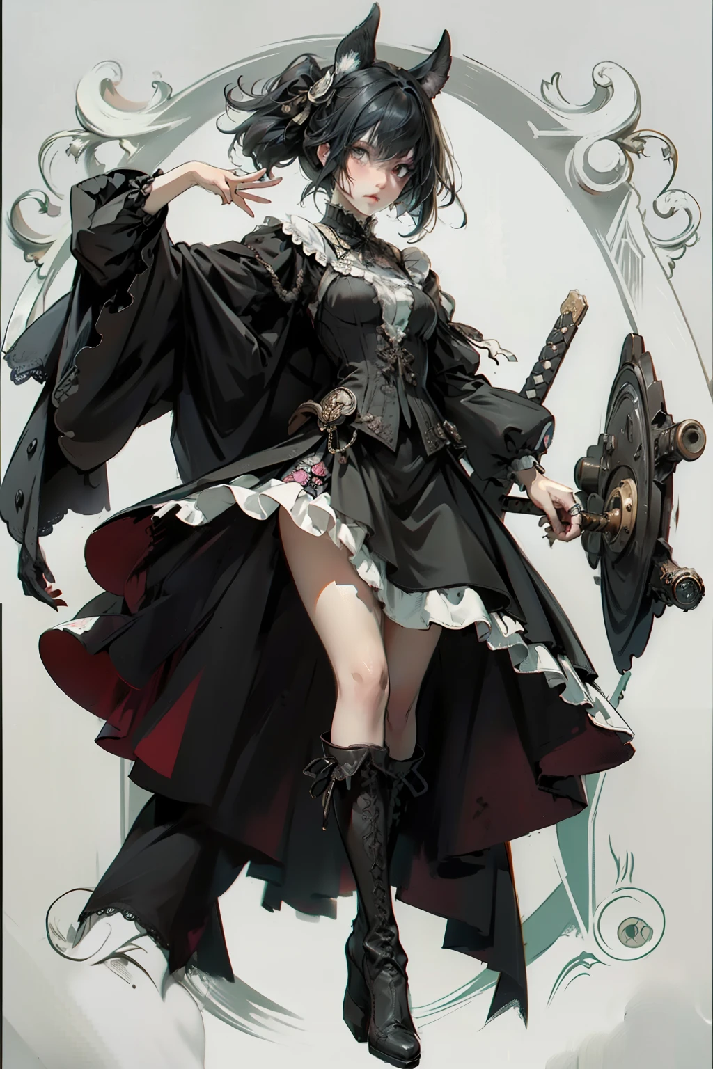 ((best quality)), ((masterpiece)), (detailed), blank white background, plain background, white background, Bloodborne inspired, occult aesthetic, occult, detailed and intricate steampunk and detailed gothic, NSFW, Very dramatic and cinematic lighting, cosmic horror, grim-dark, side-lighting, perfect face, NSFW, Fluttering lace flared long knee length dress with frilly petticoats, knee length dress, pleated petticoats, ta dress, petticoats gothic lolicomplex lace boots, wielding a sword and holding a shield, side-lighting, gothic lolita aetic, beautiful small breasts, small breasts, full body, whole body, body, plain background, white background, blank background, no background, white background NSFW, full body, whole body, head-to-toe