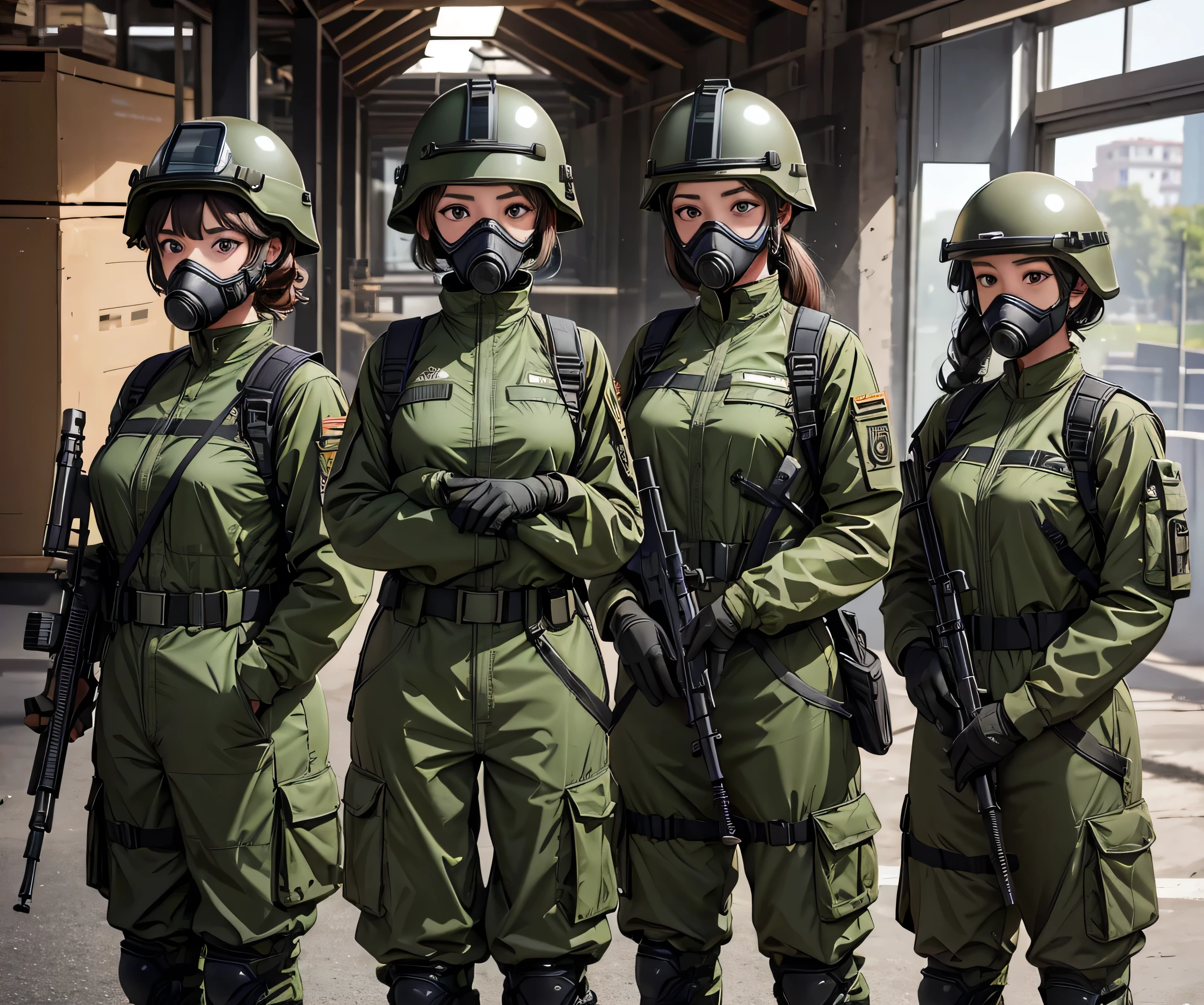 Four female soldiers in helmets standing guard、Same height、wearing gas masks、Wear goggles、Wearing dark green M-51 military uniform、Write details、masterpiece、best quality、Highly detailed CG、8K picture quality