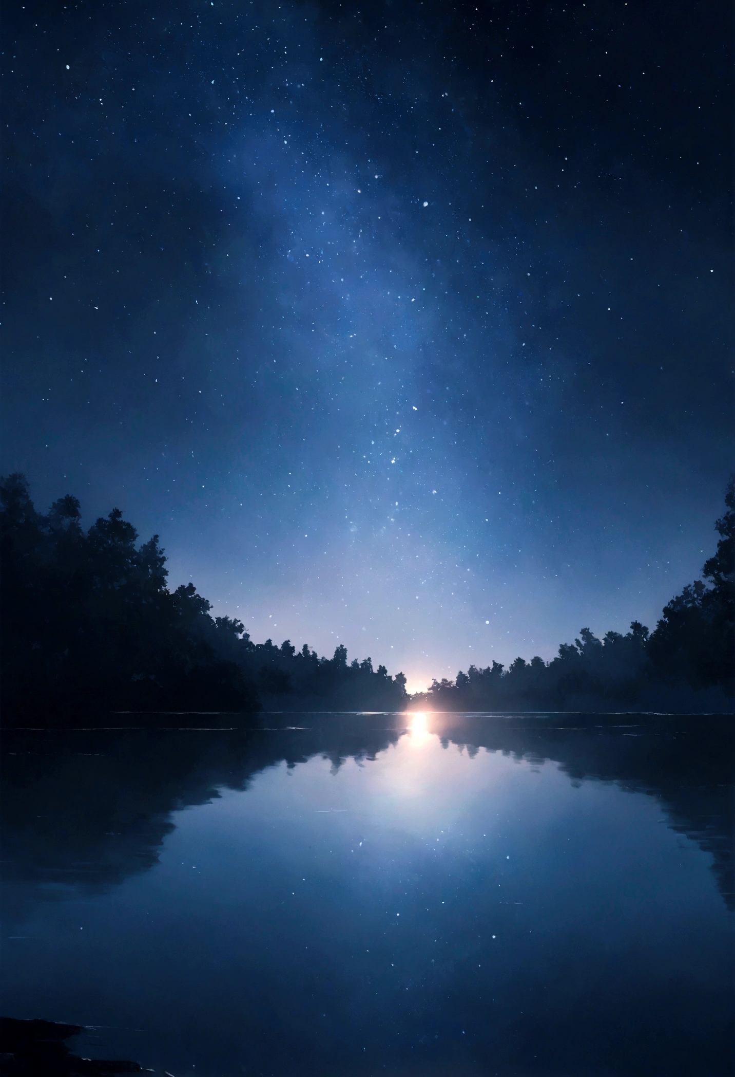 "A peaceful night, Bathed in silver light. Moon scene，Subtle reflections on calm water. twinkling stars dot the dark sky, It creates a magical atmosphere. The surrounding nature is shrouded in light, Mysterious mist.. Let your imagination come alive with this night scene filled with tranquility and peace." Horizontal length