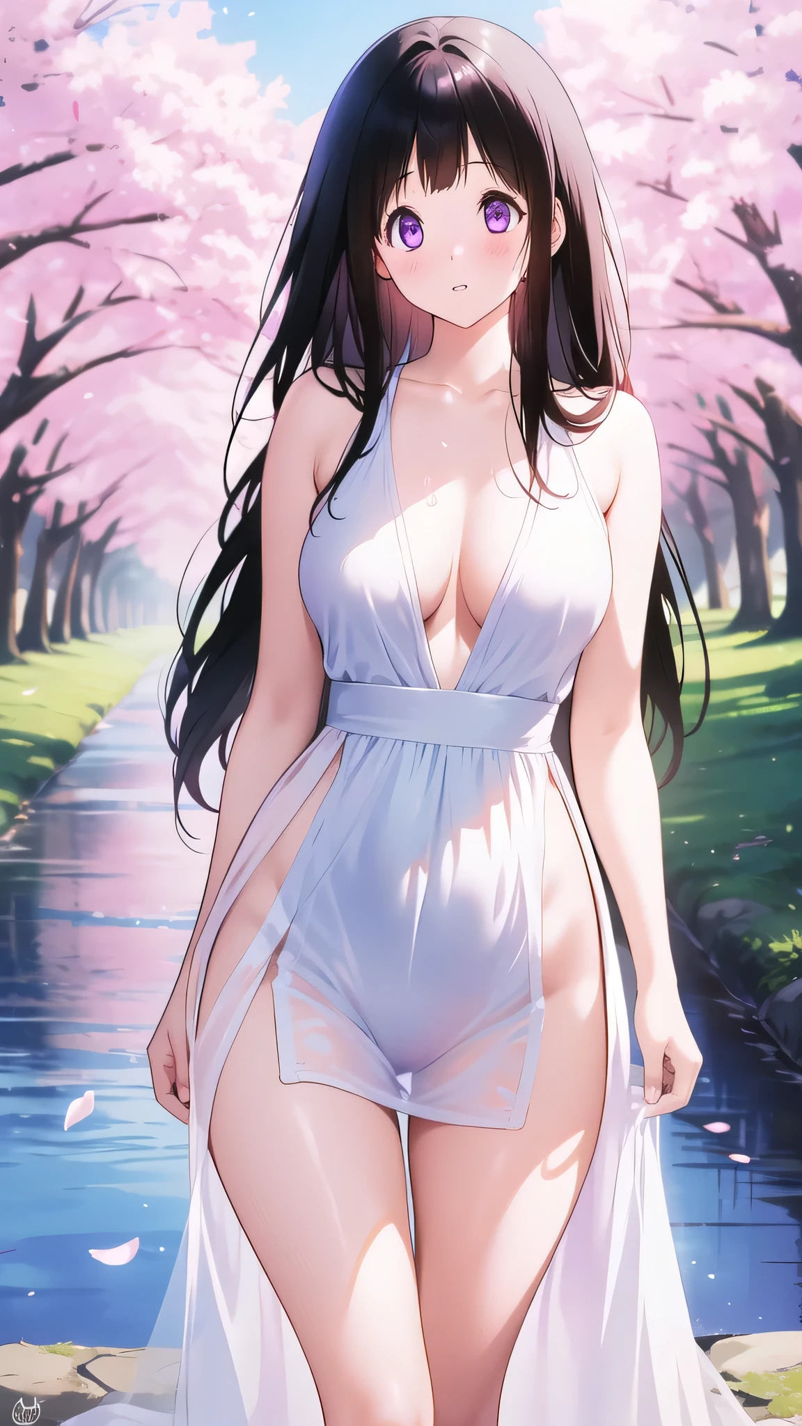 Amazing Chitanda, There is only one beautiful girl,Purple Eyes, Black Hair, Very red face,Very white skin,Glowing skin,Skin as delicate as porcelain,Naturally straight hair, Straight bangs,Extremely refined,Open lips,Long flowing hair,Beautiful Girl, Like a dream,Slim,Slim waist,Soft, (Sensual), (Kawaii), Dream quality,Beautiful big breasts,Areola,Completely naked,Wearing a transparent hole wedding dress,Flower decoration,Deep V neckline,Loose neckline,Wide neckline,River walk,Sweaty and sweaty,Next to the cherry blossom trees,Back to,Lean over,Hips,Side body,Gluteal groove,Bare back,Completely naked back,Light transmission,no pants,pussy juice,Bare shoulders,Bare neck,Exposed collarbone,Exposing breasts,Exposing breasts side,Show your waist,Show your buttocks,Show your thighs,Exposing the groin,No pants,extremely shy,Ultra-high resolution, (masterpiece:1.2, best quality), (Delicate and beautiful eyes: 1.2), (Beautiful and delicate face)