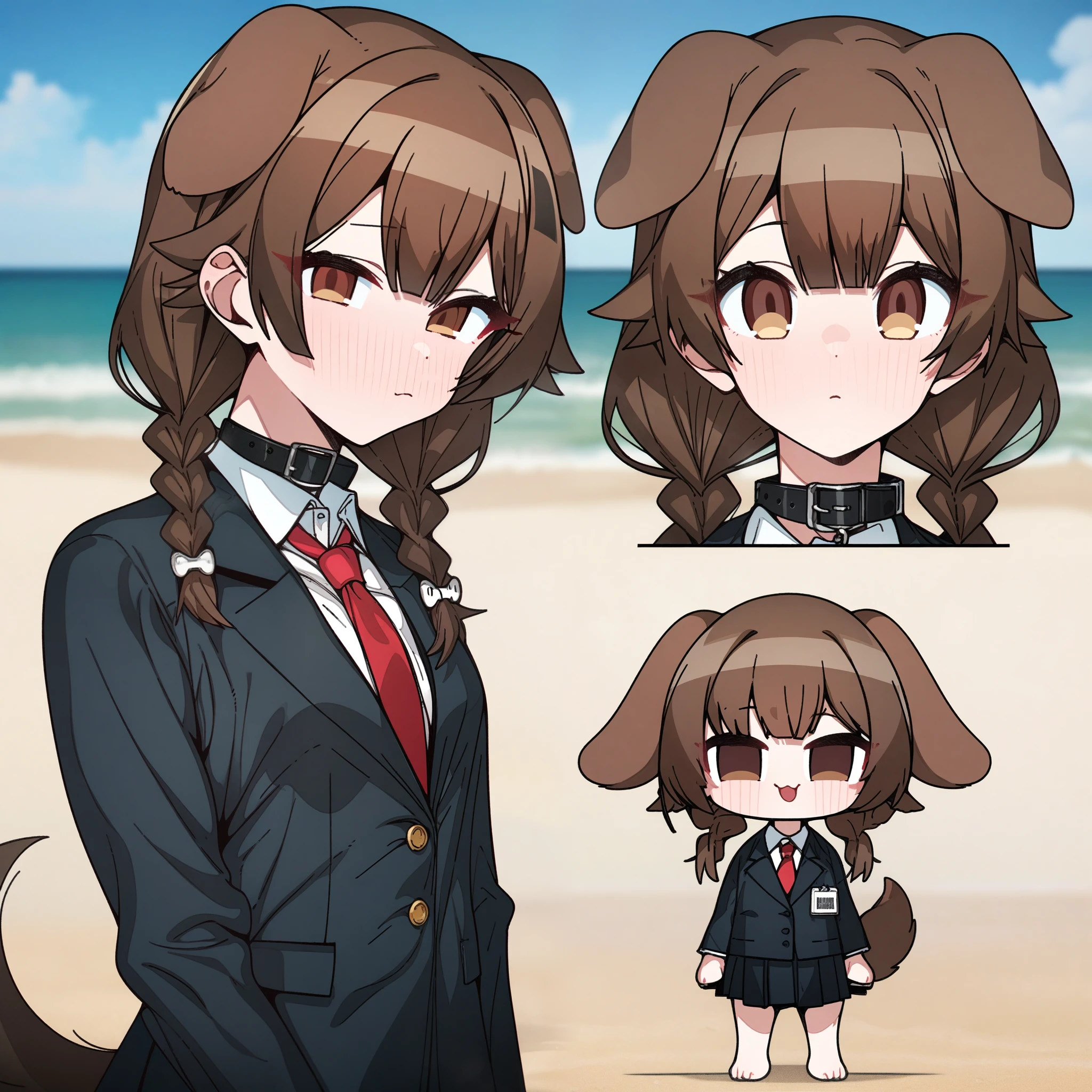 hoshino_(blue_archive) with brown hair and brown eyes, Artist, erere, Copyrights, idolmaster, idolmaster_shiny_colors, Character, General, 1girl, brown_hair, blunt_bangs, blush, medium_breasts, breasts, detailed eyelashes, beatiful girl:1, brown_eyes, censored, school_uniform, black pleated skirt, black blazer, white shirt, red tie, dog_tail, animal_collar, twin_braids, dog_ears, bone_hair_ornament, :|:0.5, (full_body) (standing in middle, beach), sky:0.7, half-closed_eyes, detailed, sand, outdoors, from_side, looking_at_viewer, masterpiece, best_quality, great_quality, girl, solo, center_composition, centered character, cute