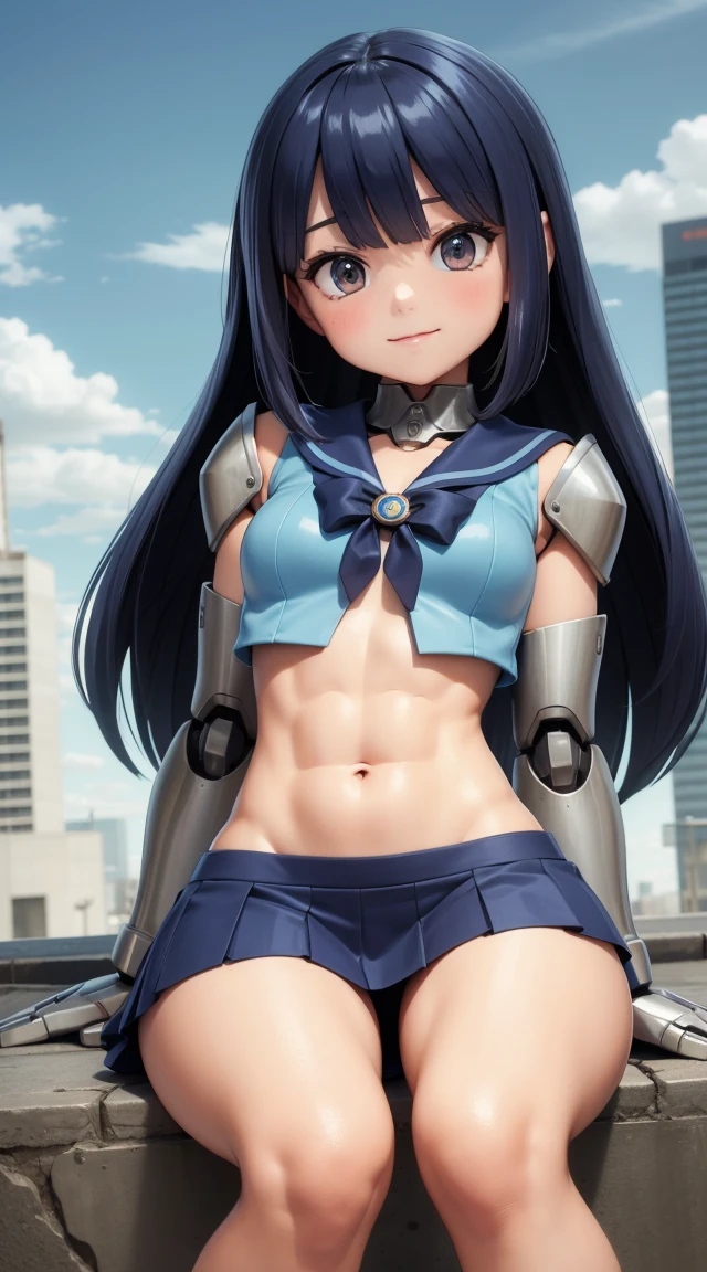 (cabello despeinado), (illustration), retrato, (fondo de ciudad futurista), (arms behind back), Cintura delgada, gran sonrisa, ojos detallados, abdominales fuertes, chica delgada, strong abs, muscle girl, front pose, big thighs, focus on face, big nude chested, large city background, blue hair, sailor uniform, skirt, sit on rock, heavy armor suit, mecha musume, mechanical parts, robot joints