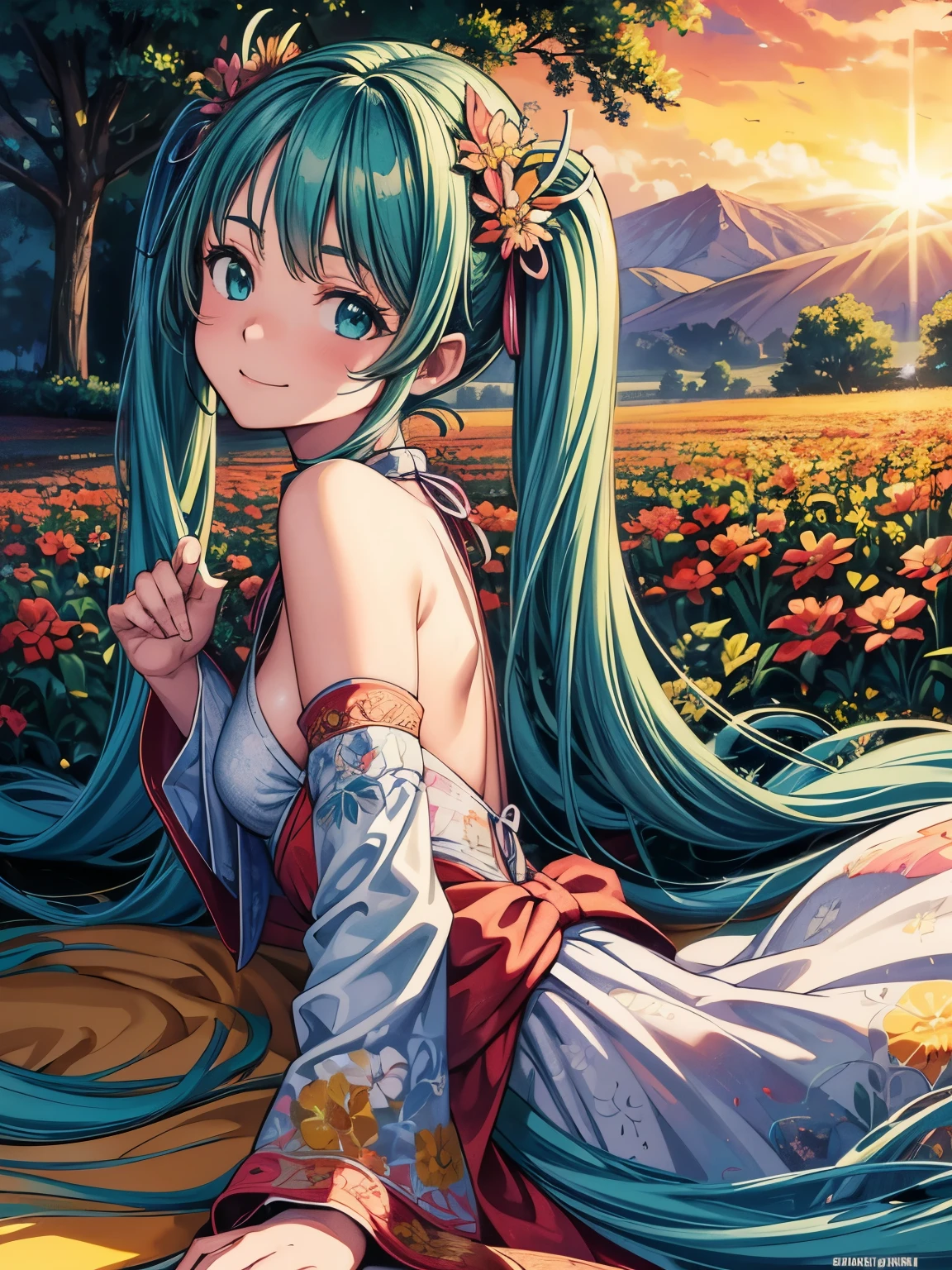 (masterpiece、highest quality、highest quality、Official Art、Beautiful and beautiful:1.2)、(One girl:1.3)Hatsune Miku、Twin tails,Beautiful breasts,award winning Digital Art, Half-body portrait of a beautiful woman in Tang Dynasty costume, Move your head、Long, flowing hair in an azure, turquoise hairstyle, Big smile, Sparklingした目, sexy, In the flower field, Golden sunset, Particles Dust, Sparkling, Paint splashes, Splash, Overtake, Vaporware, Shaded flat illustration, Digital Art, Trending on Art Station, Very detailed, The finer details, complicated