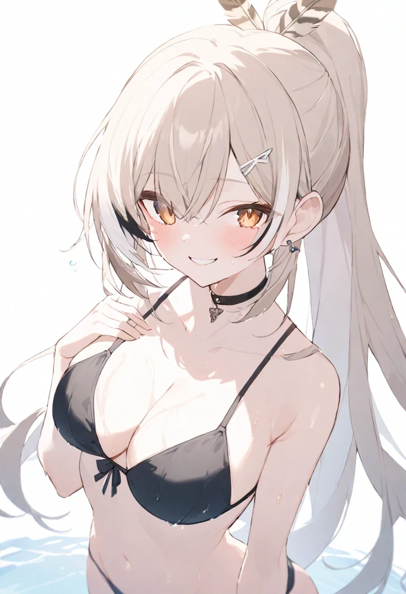 (masterpiece), (best quality), perfect face, beautiful girl, white background background, delicate and beautiful face and eyes, dark intense shadow,
1 girl, vtuber style, cool girl, hololive, mumei, ponytail, very long hair, feather hair ornament, hairclip, bikini, wet body, big chest, cropped shoulders, clavicle, winking, smile, bare feet, chest visible through clothes, ass visible through thighs, (full body), looking at viewer, standing,