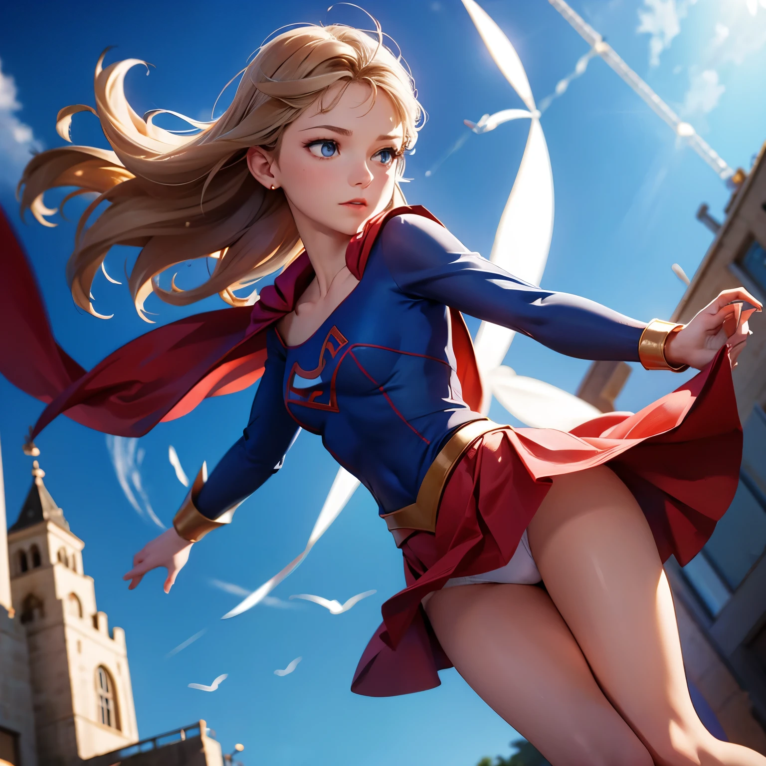 Melissa Benoist open thighs,super girl up skirt,white panties,shoot from below,wind fron below,sky,solo, cape,red skirt,blue tite long sleeve shirt,