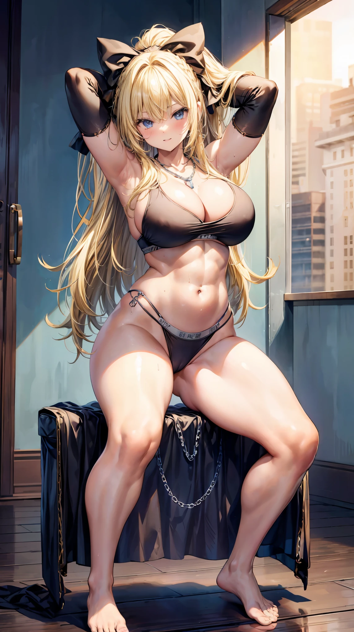 Very detailed、highest quality、Best image quality、masterpiece、8k、Cowboy Shot、Sparkling blue eyes、Anime Face、A kind smile、(Open your mouth:1.2)、(Big Breasts:1.6)、(Long Blonde Hair:1.5)、(SFW Giant)、(Muscles of the whole body)、(Black Thong:1.1)、ckundies、(arms up behind)、(squat)、(Spread your legs),、Bow legs、(Bow-legged)、(necklace:1.3)