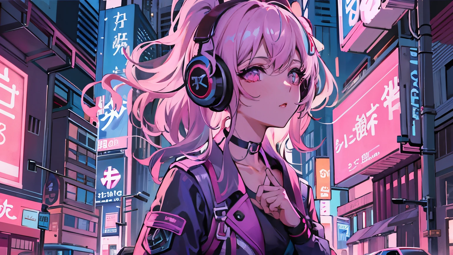 masterpiece,Anime-style illustration of a young woman in her twenties wearing a futuristic low-cut outfit, Right facing, Standing in the middle of the street in a cyberpunk nightlife district. sheはピンクがかった黒髪の長い髪を持っています、Wearing glowing pink headphones. Big Breasts、she&#39;you&#39;We&#39;re still looking up at the stars, but、sheの視線と体はフレームの右側を向いています. The scene should be vibrant., Reflects the cyberpunk aesthetic, ネオンと未来的な建物がsheを取り囲んでいます. The hustle and bustle of the city continues, but、sheは&#39;Peace in the midst of chaos, Immerse yourself in the sights and sounds of the night. In the image、You need to capture serene skies and vibrant urban environments。, sheの新しい方向性を強調する.
