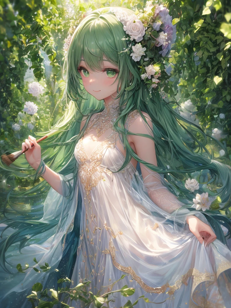 art by Cornflower,(masterpiece),(highest quality:1.2),(Perfect Anatomy),(1 Girl),Beautiful and detailed green eyes,Beautiful green hair,Green clothes,Layering,Beautiful smile,(Highly detailed elegant),Classic Style,Rich colors,Brush strokes,Vibrant texture, Detailed skin,Add a dramatic and symbolic element to your scene, Written boundary depth, Silky to the touch,Dynamic Composite,Delicate texture,Standing in a field of green plants and flowers,Warm lighting