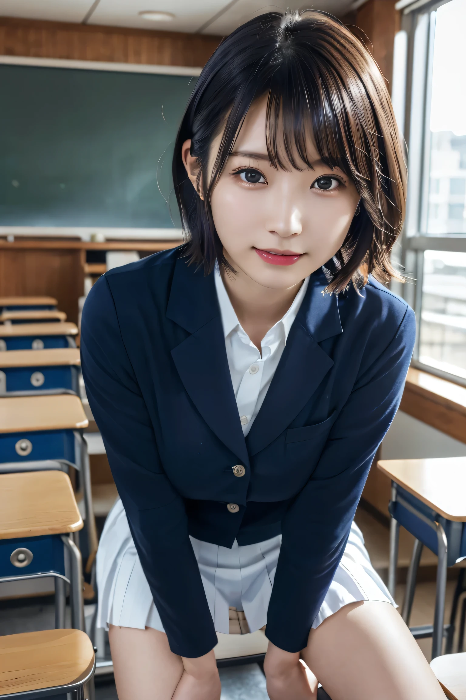 Tabletop, highest quality, Japanese girl,One Girl, 8k, RAW Photos, highest quality, Tabletop, Debtdebt:1.2, Highly detailed RAW color photos, Professional Photos, (Realistic, Realistic:1.37), (Highly detailed skins:1.2), Ultra-high resolution, (Lenz 50mm), (debt/1.2),Exquisitely drawn eyes,Staring at the audience,
Break with one girl (Many elderly people:1.4), Beautiful Face, cute,(smile:1.05),(20-year-old, Big Breasts, Wide Hips,Straight hair, (short hair), Iris, white and fine skin,Small Mouth, high cheekbones (meaning), Sexy pose,(Leaning forward:1.3),(The to the debtW:1.1),White panties、Korean Idol、Nogizaka Idol、Gravure idol pose、adult、、(Tabletop, highest quality:1.3), (Ultra detailed 8k cg:1.2), (Super realistic:1.35), (Realistic:1.45), (Realistic:1.4), Cowboy Shot,
A beautiful Japanese woman, 22 years old, Supermodel, Japanese Idols, __Performance__, Big Breasts, (sitting on desk:1.1), (school uniform:1.4), (Spread your legs:1.2),
(School classroom background:1.1),