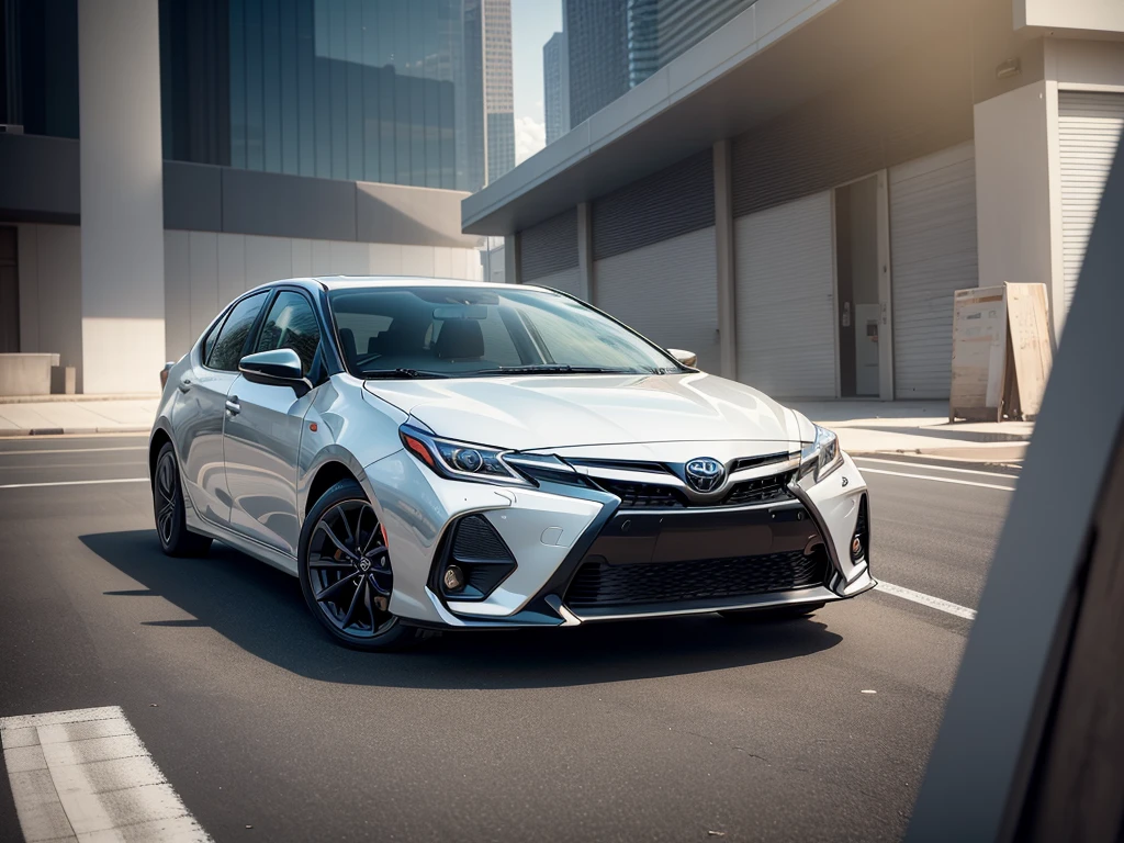 a new toyota corolla car, photorealistic, high quality, 8k, detailed, glossy metallic paint, modern design, sleek body, chrome accents, alloy wheels, realistic reflections, natural lighting, cinematic angle, dynamic composition, realistic textures, automotive photography