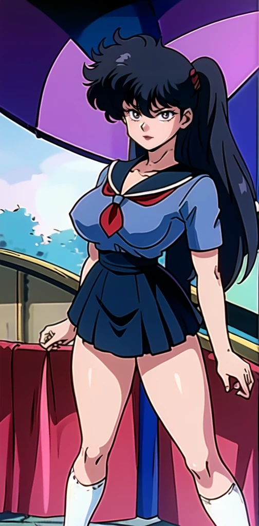 (anime,8k,best quality, masterpiece:1.2),((ultra-detailed,detailed beautiful girl:1.4)),1 girl,full body shot, Anime ,(face),beautiful eyes,sidetale,kodachi kuno,black hair,smile,posing,Long legs,Hourglass Shape,Short sleeve,Navy blue mini skirt,white Sailor suit,white Knee-high socks,Big Breasts,Red tie,1990s,Muscular thighsむ