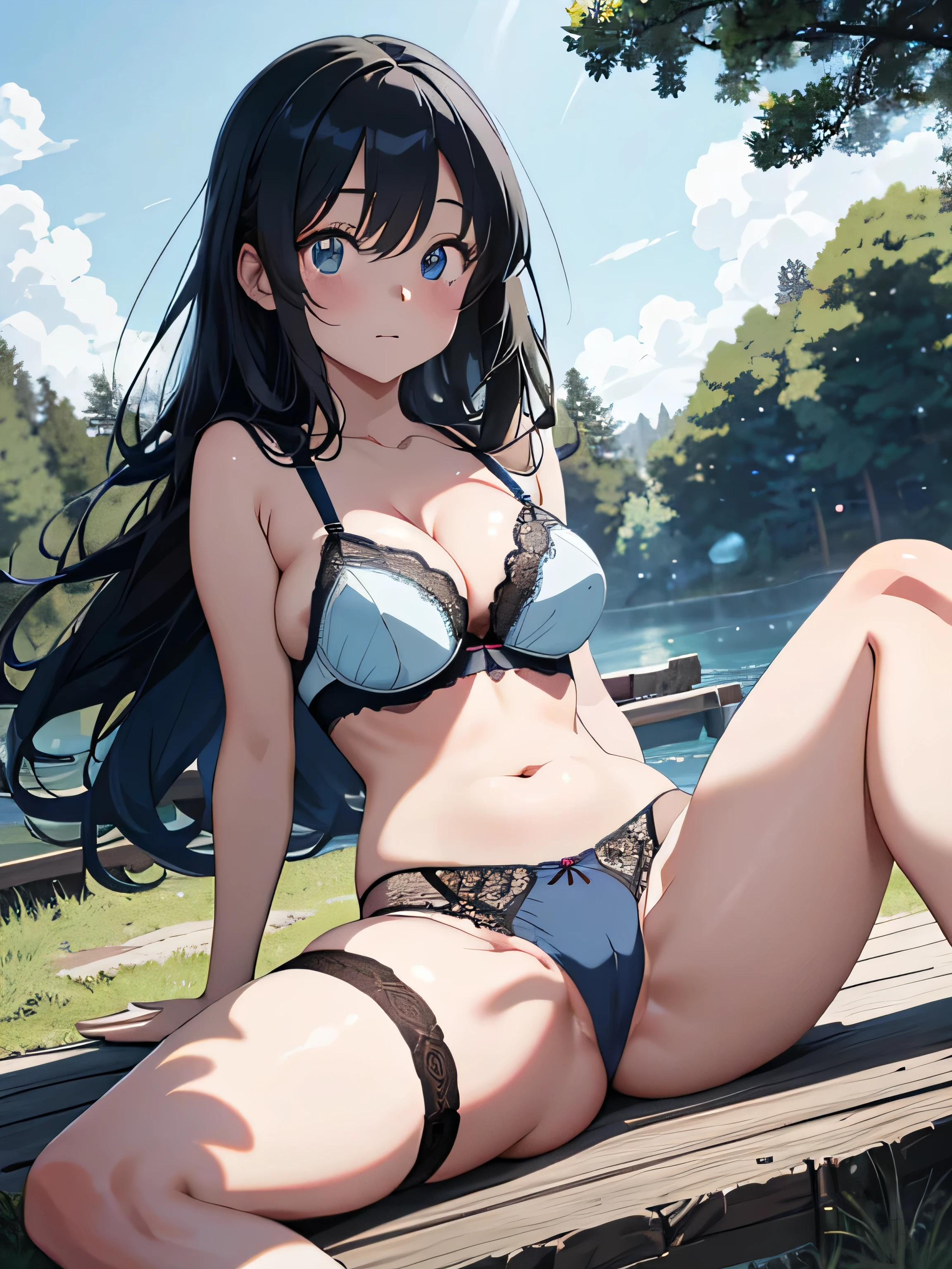 Anime woman with long black hair and blue eyes at a campsite, Anime drawing by Kamaguruka, Pixiv, shin hanga, Anime Moe Art Style, cel - shaded art style, Anime Style. 8k, flat Anime Style shading, Smooth anime CG art, Attractive anime woman, , Realistic anime art style, (((Light blue lace bra))), (((Light blue lace panties))), (((Spreading his legs wide like a frog))), Leg spread, The crotch is clearly visible, Hands behind back, 