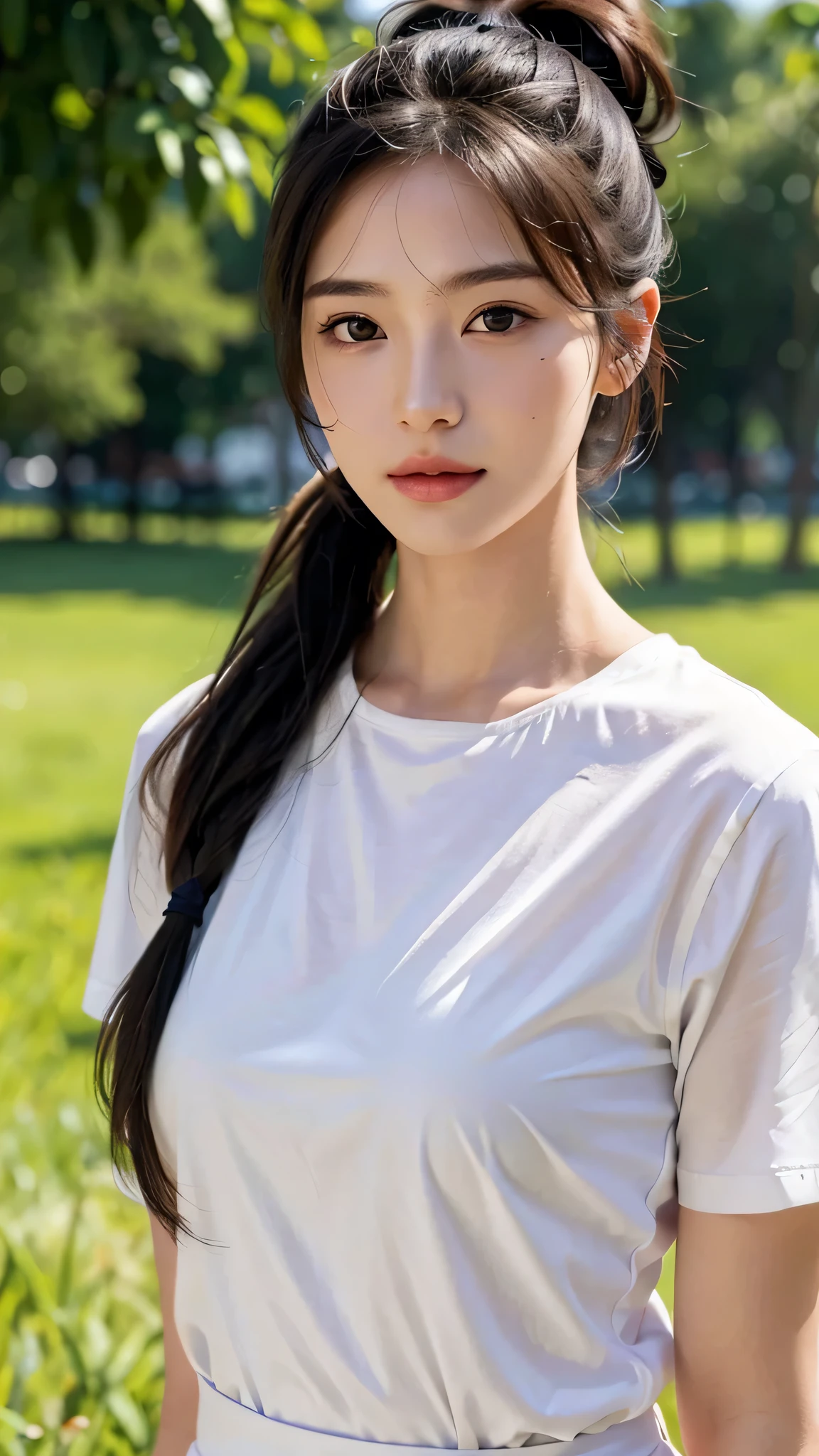 White shirt,jeans,outdoors,Urban Park,On the lawn,One woman,close up face,fully body photo,masutepiece, The highest image quality, High quality, the background is clear，Beautiful woman, Japanese, Detailed, Detailed eyes, Detailed skin, Beautiful skin, 超hight resolution, (reality: 1.4),Very beautiful woman, Slightly younger face, Beautiful skin, slender, (Ultra photo realsisim), (hight resolution), (8K), (Very detailed) (beautifully detailed eyes), (super detailed),   (Detailed face), view the viewer, Fine details, Detailed face, Staring straight ahead, Staring straight ahead, photos realistic, Bright lighting, Professional Lighting, Black hair,poneyTail,a baby face,sixteen years old,Hairstyle: ponytail,Long ponytail hairstyle,slight smile,