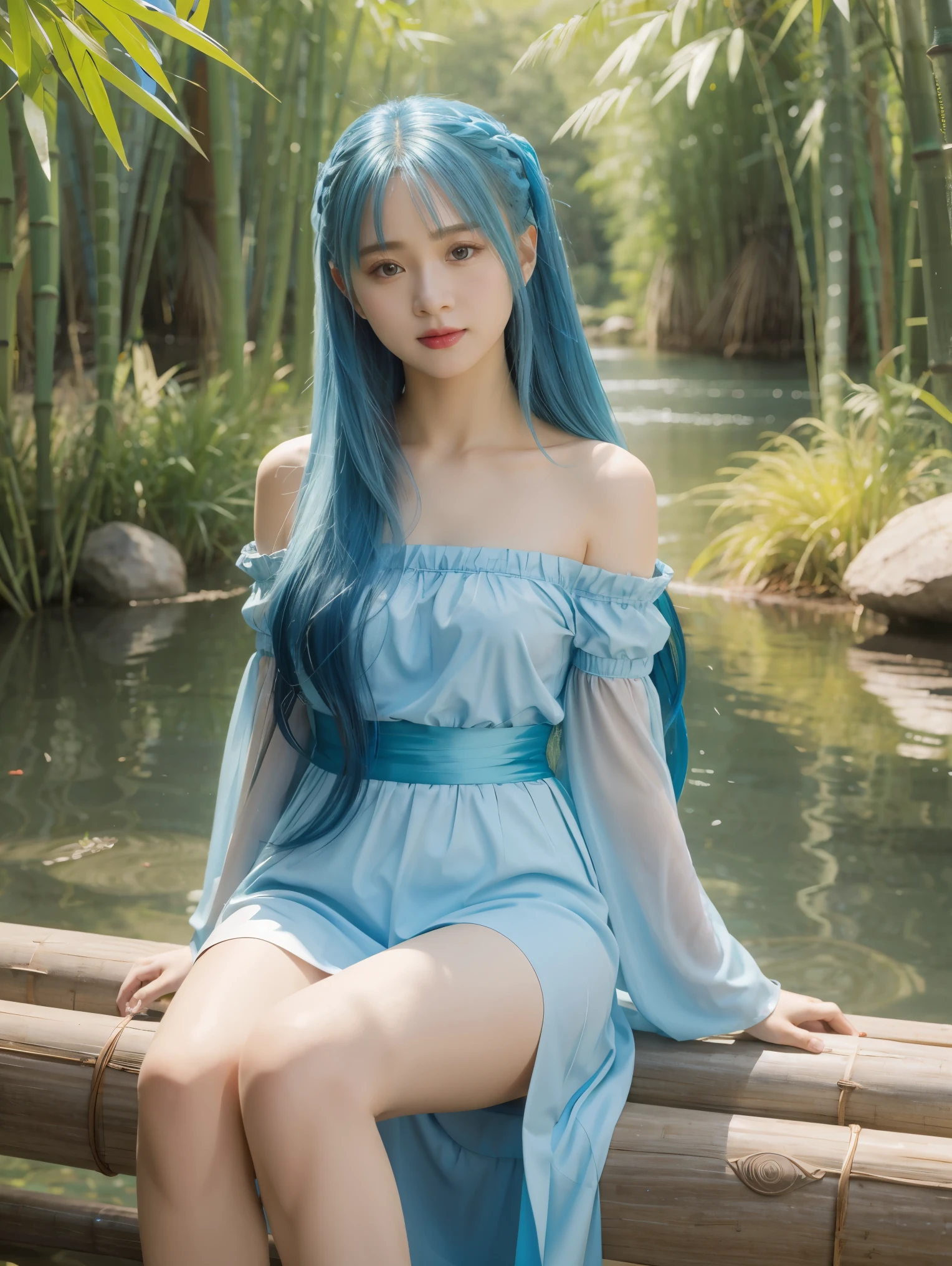 Masterpiece, Best Quality, Official Art, 8k Wallpaper, Very Detailed, Illustration, 1 Girl, Sky Blue Hair, Long Hair, Detailed Eyes, Forrest Gump, Bare Shoulders, Hanfu, Lake, Pure, Soft Smile, bamboo, tea