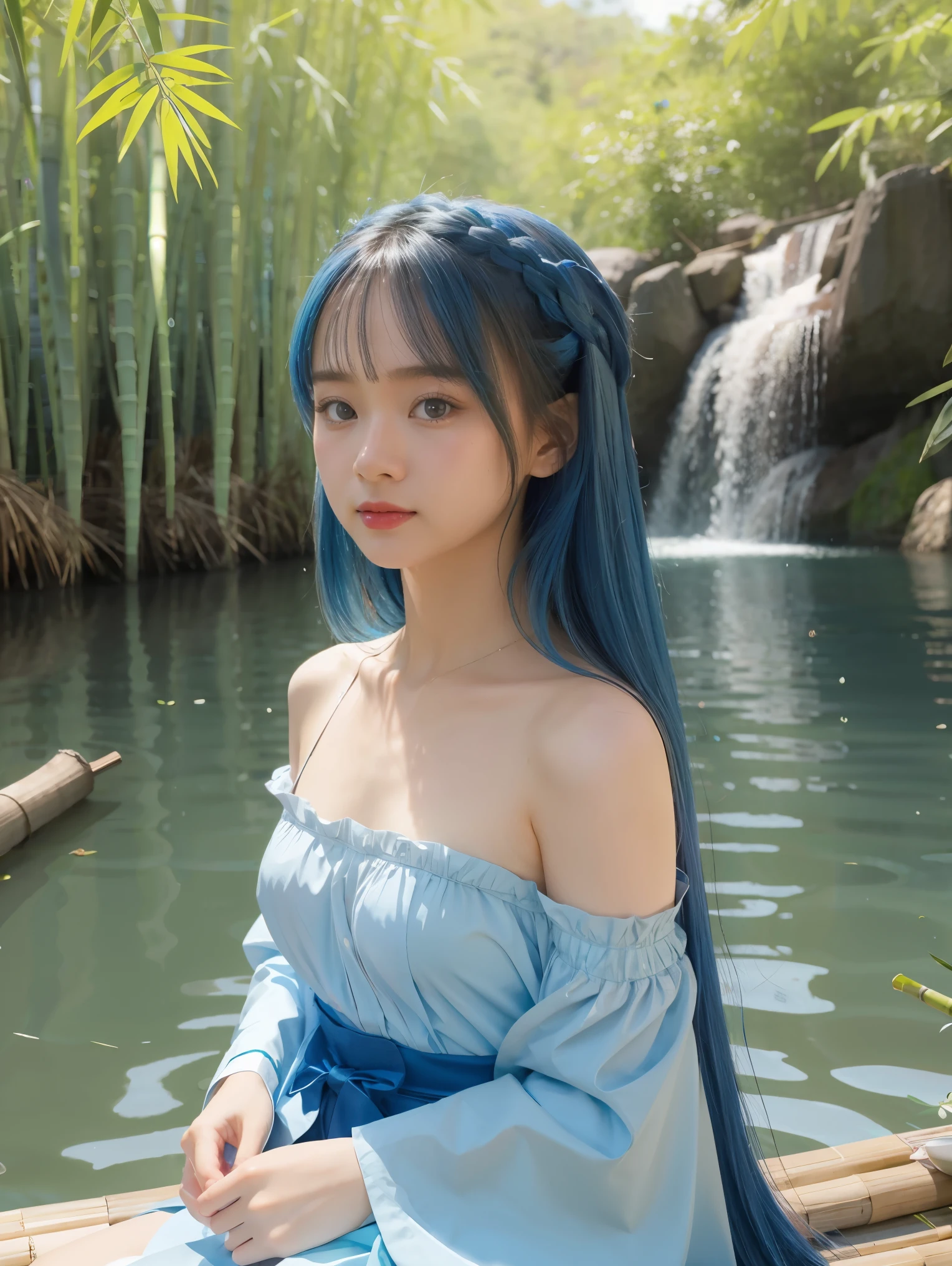 Masterpiece, Best Quality, Official Art, 8k Wallpaper, Very Detailed, Illustration, 1 Girl, Sky Blue Hair, Long Hair, Detailed Eyes, Forrest Gump, Bare Shoulders, Hanfu, Lake, Pure, Soft Smile, bamboo, tea