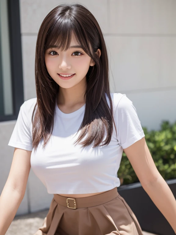 ((highest quality)), ((masterpiece)), (detailed),Japanese Beauty, One Girl, (beautiful girl:1.3), (20-year-old:1.2), Very fine grain definition, (Symmetrical eyes:1.3),(A short, plain T-shirt:1.3), Beautiful breasts, Brown eyes, Parted bangs, Dark Hair, Medium Hair,  (smile:1.3), Cafe, (Flared mini skirt:1.3), I can see your belly