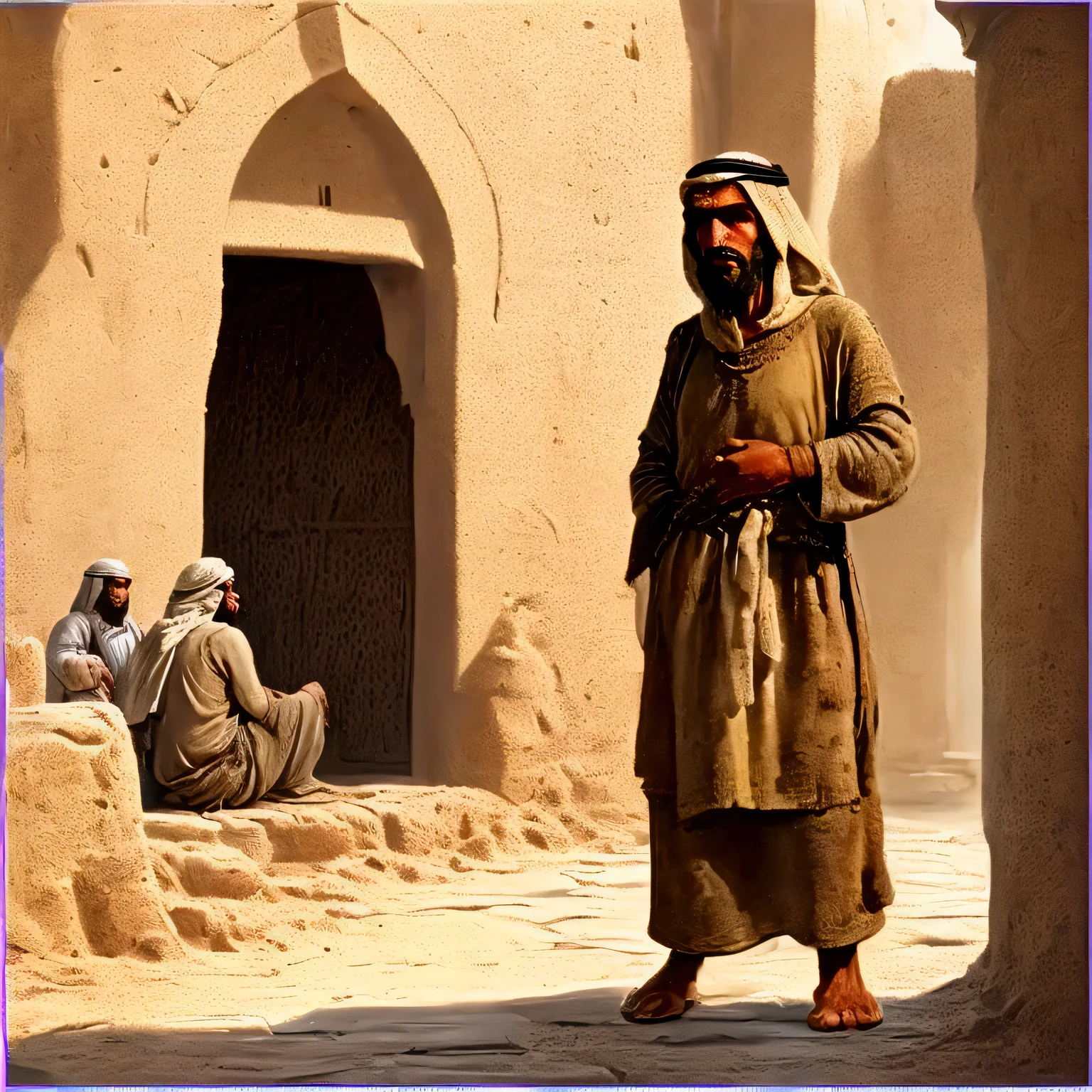 painting style, 4k , drawing , scene from medieval period , old city of madina with poor mud house of saudi during the 7th century middle of dry land, a poor Bedouin man standing in front of a old house wearing poor worn out clothes and talking. front view of the man and front view of his face, people walking in the road