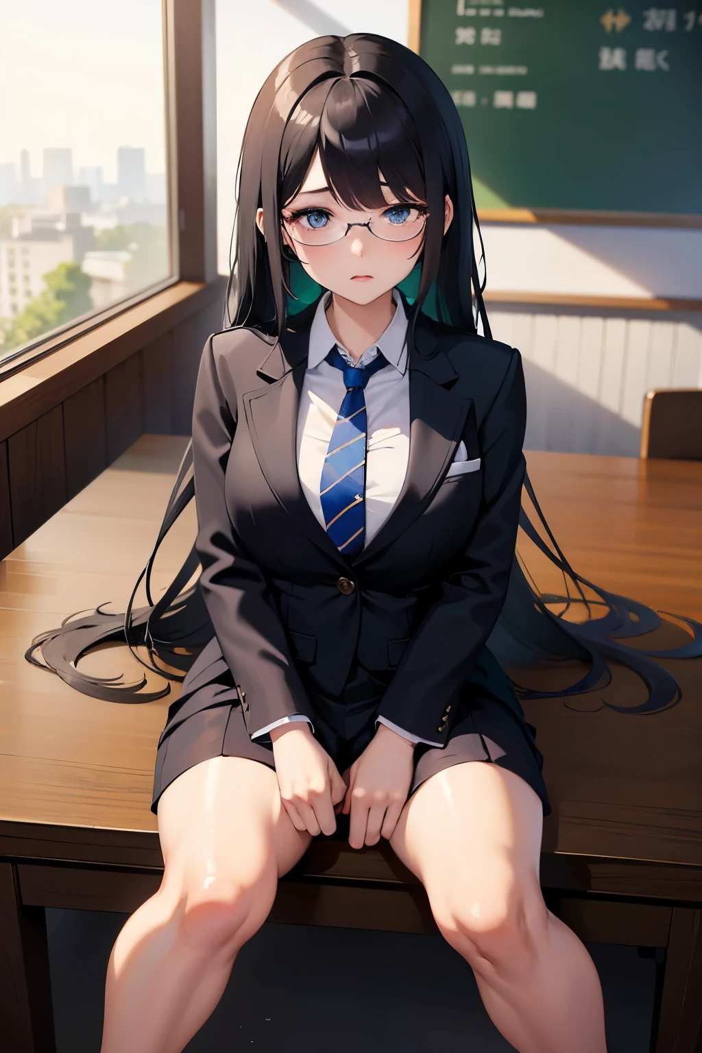 ((highest quality)), ((masterpiece)), (detailed), One girl, Black Hair、Semi-long hair、Asymmetrical bangs、In a suit、Big Tits、Sweating、Tired face、Within the company、Sitting at a desk、Loosened tie、With legs apart、Underwear is visible、Lace Underwear、Square silver glasses、Dark Eyes、Exposing cleavage、