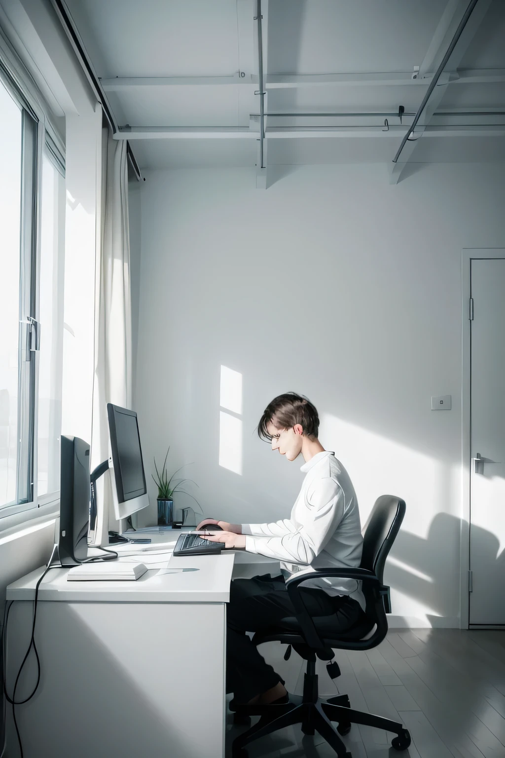 Create an image of a large 6x6 room where the walls, floor, and ceiling are entirely white. The room is empty except for a personal computer setup placed in the center. A person is seated at the computer, working intently. The overall atmosphere is minimalist and modern, emphasizing the stark contrast between the pristine environment and the focused individual.






