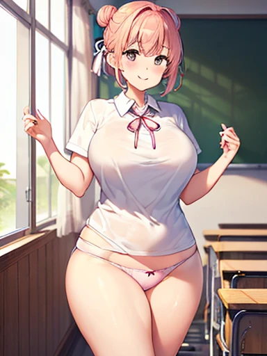 highest quality, masterpiece, High resolution, 1 girl, yuigahama yui, Pink Hair, Hair Bun, short hair, (smile), (blush), big, classroom, (whiteのシャツ:1.5), Neck ribbon, Short sleeve, Checked skirt, (big胸:1.5), whiteいThighs, (完全に露出したpanties:1.5), (panties丸見え:1.5), (Looking at the audience), (Wide pelvis), (とてもbig_Lower Body:1.5), (Very thick_Thighs:1.5), (white_Race_that'I'm stuck_panties:1.5), (Flip up the skirt:1.5), (スカート that rolls up:1.5), (Crotch close-up:1.5), (From below:1.5), (classroom), (Sitting in a chair), (spread your legs to the sides as much as possible:1.5)