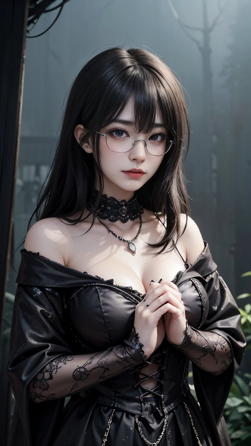 (highest quality,4K,8k,High resolution,masterpiece:1.2),Very detailed,(Realistic,photoRealistic,photo-Realistic:1.37), Close-up of a woman with dark hair and a black dress, Dark Eyes,an ominous笑顔,((((Glasses))))、((((big sapphire necklace))))、Evil Aura,Burning Flames,Soul Corruption,Dark Shadows,an ominous雰囲気,Strange symbols,Cursed Land,Eternal Darkness,Unforgettable Exists,Intimidating person,Grotesque features,Horror Scene,twisted reality,Scary atmosphere,A wonderful work of art,Evil Unleashed,Supernatural horror,Spooky art,nightmare fuel,Terrifyingly clear,Abstract fear,Terrifyingly beautiful,masterpiece,Fear incarnate,Shadow Chaos,Exists,to be born々Shii Darkness,in style of Dark Fantasy Art, Dark Fantasy Art, Beautiful and elegant queen of darkness, Dark Fantasy Art, fantasy dark art, Dark fantasy digital art, Gothic fantasy art, Gothic Dark Maiden, Detailed Texture,Spooky creatures,an ominous雰囲気,Mythical,Space horror,darkness,Mysterious,Dark aesthetic,Fog Background,Eyes of another world,Ancient Gods々々々々, Powerful wizard, MysteriousStanding in the woods. Flowing robes decorated with symbols, Arms stretched out, Powerful,Tentacles,Pitch black blackness,Majestic,Unfathomable depth,nightmare,The Exists of the universe,an ominousExists,seeping darknesss,Secrets of the Universe, (Spooky atmosphere), (((Dramatic Shadows), (Dynamic pose), ((Artistically expressed)), ((charm), (Gothic), (Mysterious Setting), (Moody color palette), (Skillfully drawn), (sense of unease), (Intricate details), (an ominous smile), (an ominous), (charm eyes), (Horror elements), (charm composition), (Impressive anatomy),(Striking contrast))), (Interesting character designs)、Dark Fantasy Portrait, Portrait of the Dark Goddess,