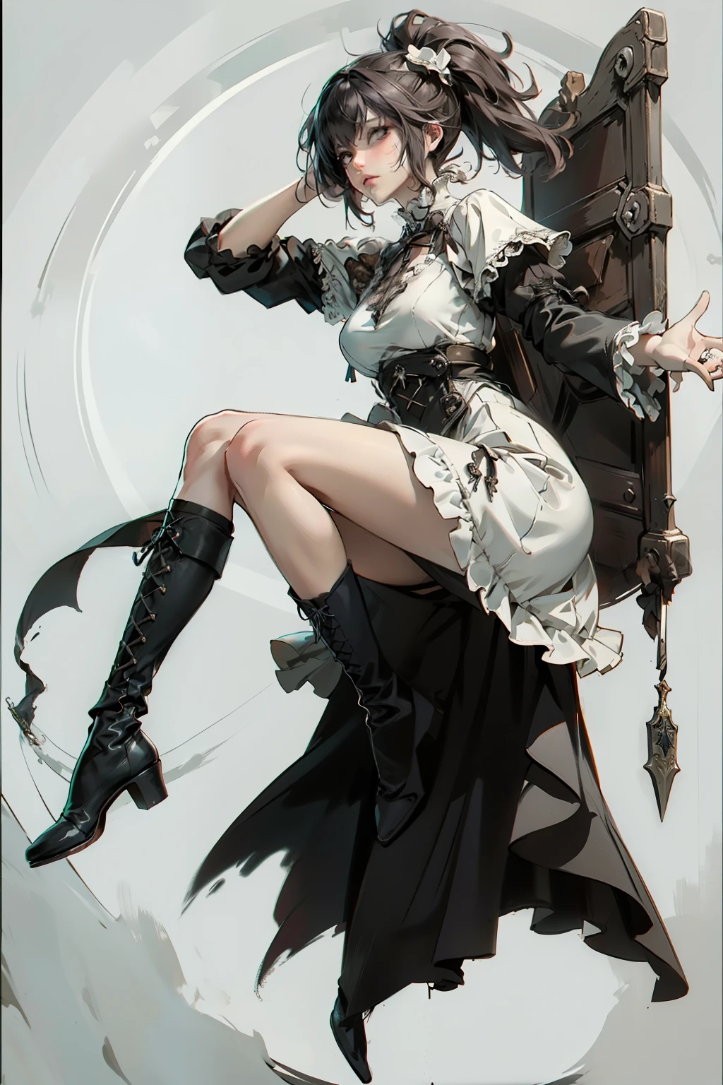 ((best quality)), ((masterpiece)), (detailed), a penitent female, blank white background, plain background, white background, red and white clothing, Bloodborne aesthetic,  occult aesthetic, occult, occult paraphernalia, detailed and intricate steampunk and detailed gothic, NSFW, Very dramatic and cinematic lighting, cosmic horror, grim-dark, side-lighting, perfect face, NSFW, Fluttering lace flared  dress with frilly petticoats, pleated petticoats, petticoats, complex lace boots, side-lighting, gothic aesthetic, chains, mechanical components, carbine, NSFW, beautiful small breasts, small breasts, full body, whole body, body, plain background, white background, blank background, no background, white background NSFW, full body, whole body, head-to-toe dynamic poses NSFW