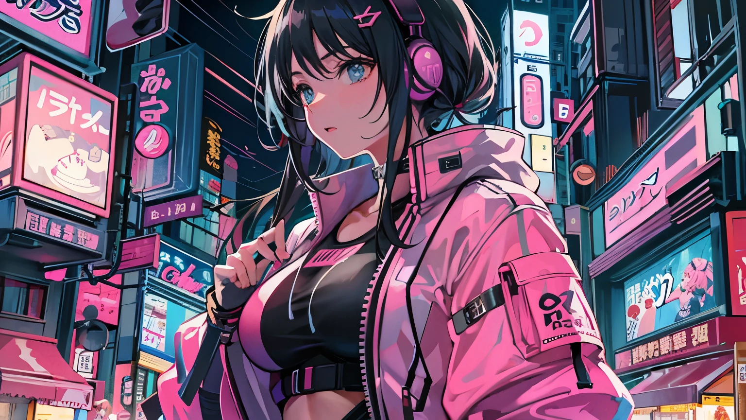 masterpiece,Anime-style illustration of a young woman in her twenties wearing a futuristic low-cut outfit, Right facing, Standing in the middle of the street in a cyberpunk nightlife district. sheはピンクがかった黒髪の長い髪を持っています、Wearing glowing pink headphones. Big Breasts、she&#39;you&#39;We&#39;re still looking up at the stars, but、sheの視線と体はフレームの右側を向いています. The scene should be vibrant., Reflects the cyberpunk aesthetic, ネオンと未来的な建物がsheを取り囲んでいます. The hustle and bustle of the city continues, but、sheは&#39;Peace in the midst of chaos, Immerse yourself in the sights and sounds of the night. In the image、You need to capture serene skies and vibrant urban environments。, sheの新しい方向性を強調する.