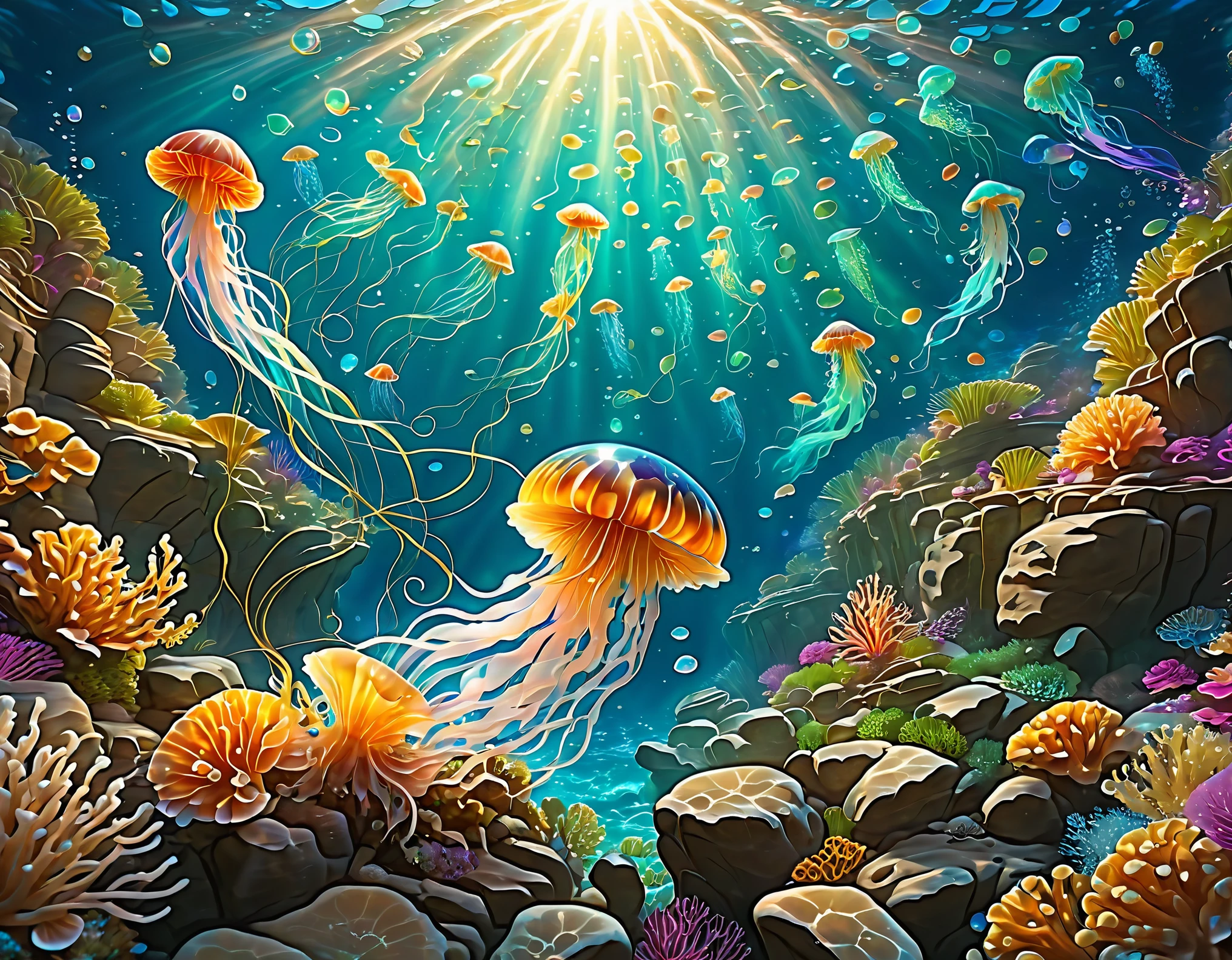 ((SeaArt Studio)), a stunning seascape, a magical underwater world, a serene ocean scene, a breathtaking marine landscape, beautiful detailed fish and underwater creatures, colorful coral reefs, shimmering sunlight on the water, ethereal glowing jellyfish, mesmerizing bioluminescent plankton, dramatic ocean waves crashing against the rocks, (best quality,4k,8k,highres,masterpiece:1.2),ultra-detailed,(realistic,photorealistic,photo-realistic:1.37),stunning cinematic lighting, vibrant colors, hyper-realistic, intricate details, highly detailed, award-winning digital art, concept art, plein air painting