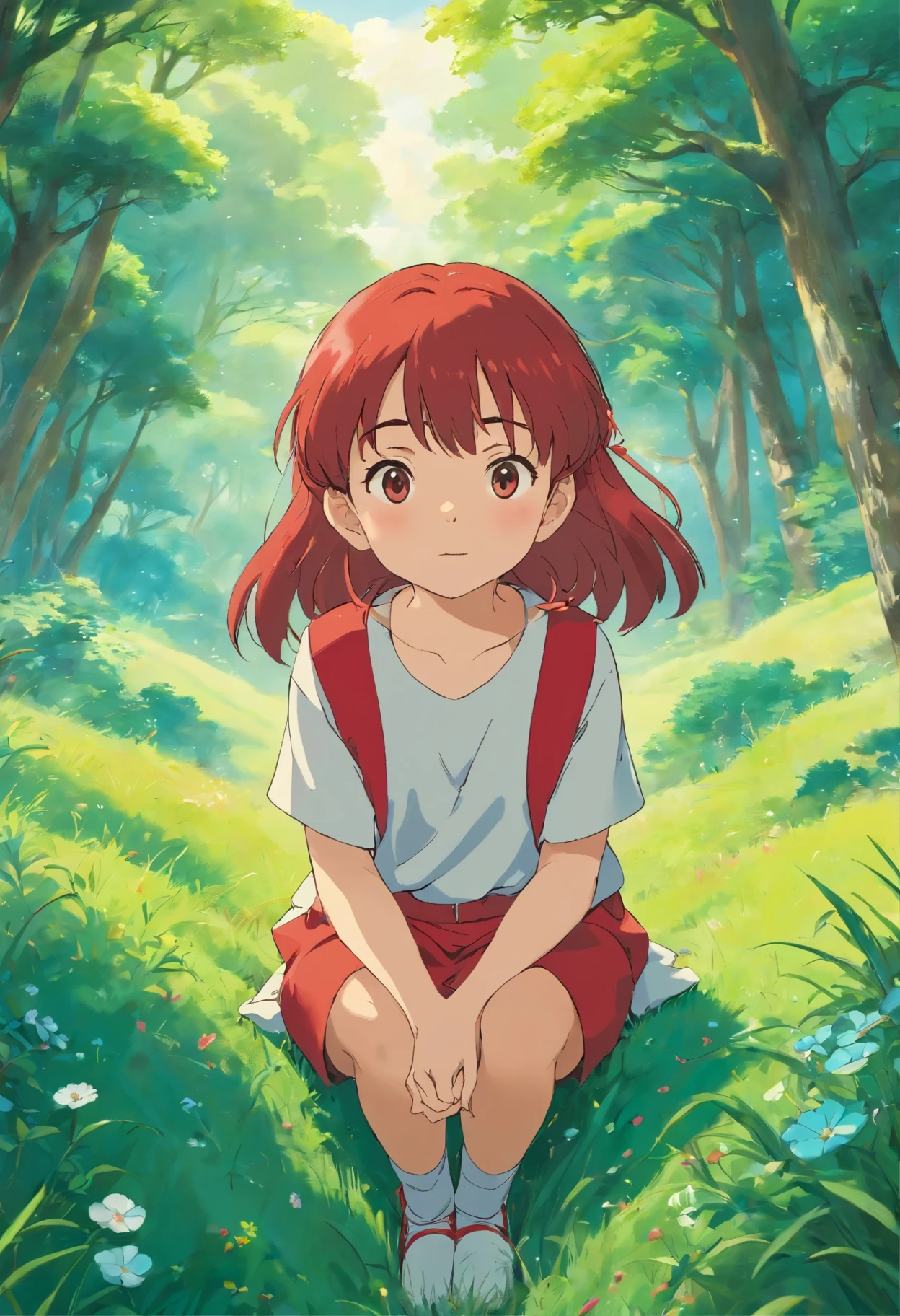 3 years old ,Young,Shortcuts,Red Salopette,A strange look,In the style of a tranquil grassy landscape, Colorful animated stills, masami teraoka, Aquamarine, Paul Gauguin, Embry Style, Honest portrayal
