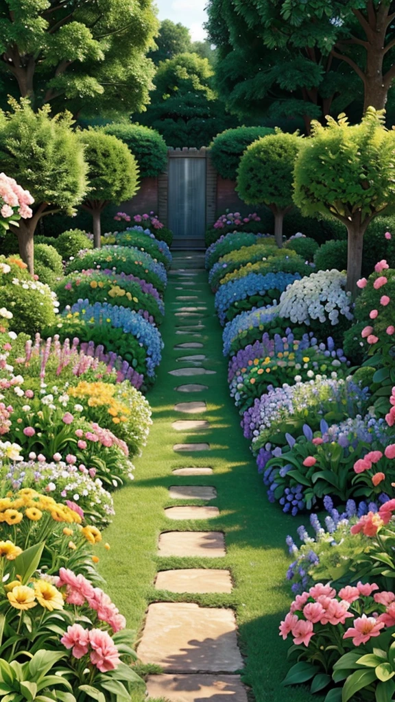 Garden: Full of lush plants and colorful flowers.