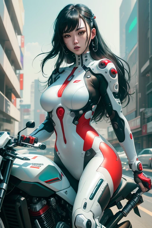 Cyberpunk art、32k,Complex,Very detailed,Digital photography,Black Hair Semi-Long、Wear a white and red cyberpunk battle suit、Japanese women、Riding on motorcycle、CBR400Rに乗る、Drive on the highway