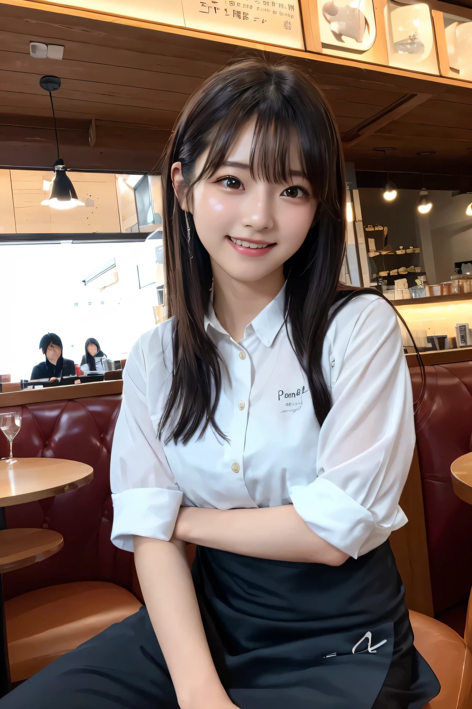 (18-year-old: 1.2), (Insincere laughter), (avert your eyes), 8k, Japanese girl raw々new portrait, Realistic, Ultra-high resolution, highest quality, (uniform: 1.2), (From below: 1.2), Sitting in a chair, Arms crossed, (Panty shot: 1.2), (High-end cafe: 1.4) break (Natural skin texture, Detailed skin, Hyperrealism, Ultra Sharpness), Intricate details, Depth of written boundary, Dim lighting, Korean Idol, Nogizaka Idol, Idol Sculpture, actress, Fashion model posing