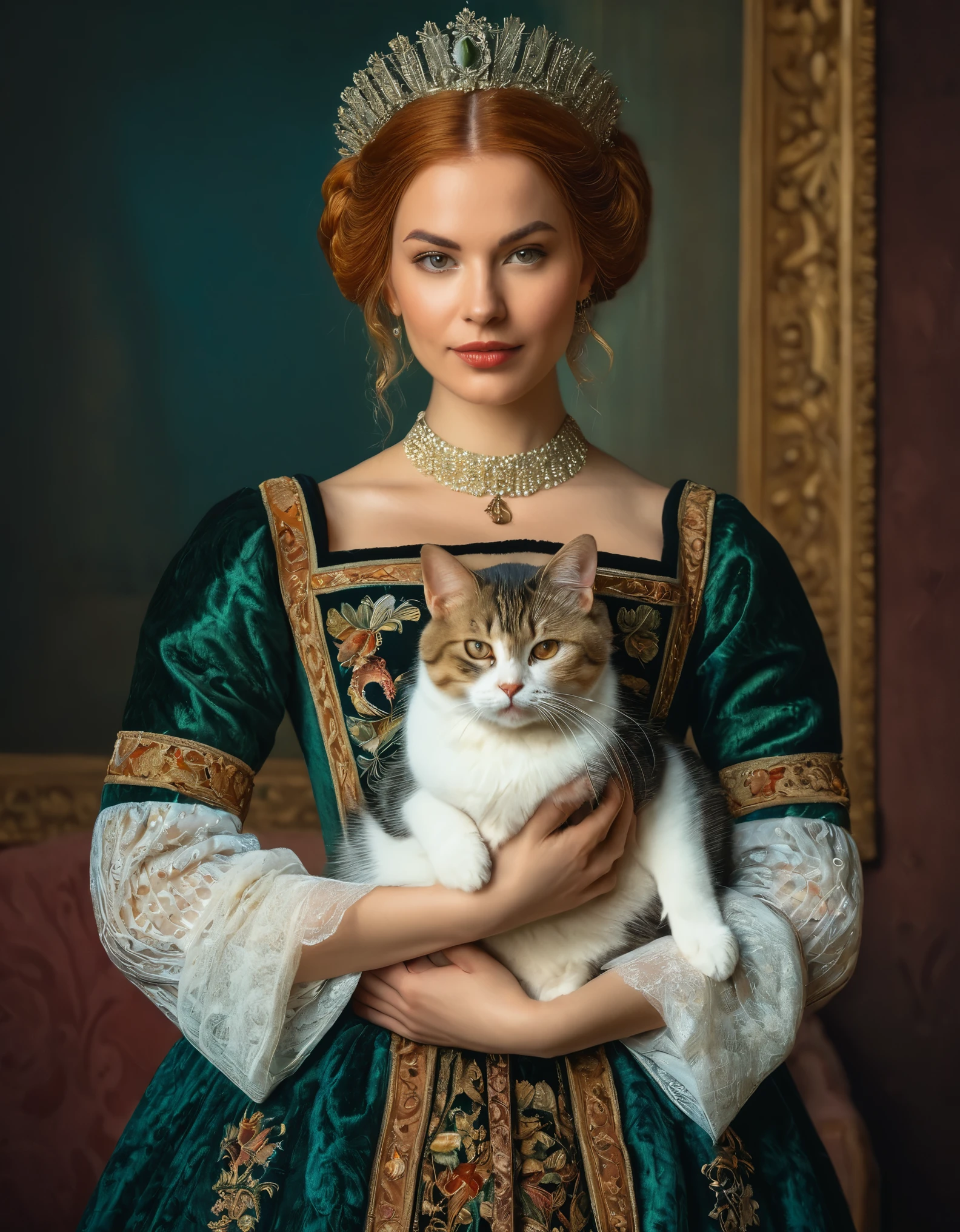 Portrait of a beautiful 30-year-old woman holding a cat in her arms, both looking directly at the camera. The woman is dressed in Renaissance-style clothing, with a richly embroidered gown and a delicate headdress. The cat has soft fur and bright, expressive eyes. The image is created in the style of a Renaissance painting, with attention to historical accuracy, detailed textures, and rich colors. The background is softly blurred to focus attention on the woman and the cat