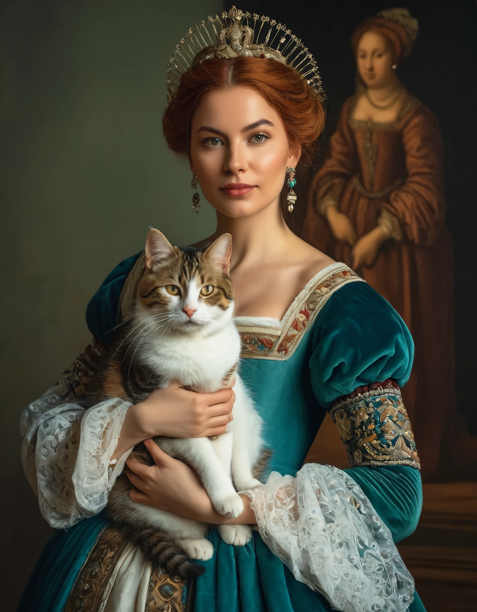 Portrait of a beautiful 30-year-old woman holding a cat in her arms, both looking directly at the camera. The woman is dressed in Renaissance-style clothing, with a richly embroidered gown and a delicate headdress. The cat has soft fur and bright, expressive eyes. The image is created in the style of a Renaissance painting, with attention to historical accuracy, detailed textures, and rich colors. The background is softly blurred to focus attention on the woman and the cat