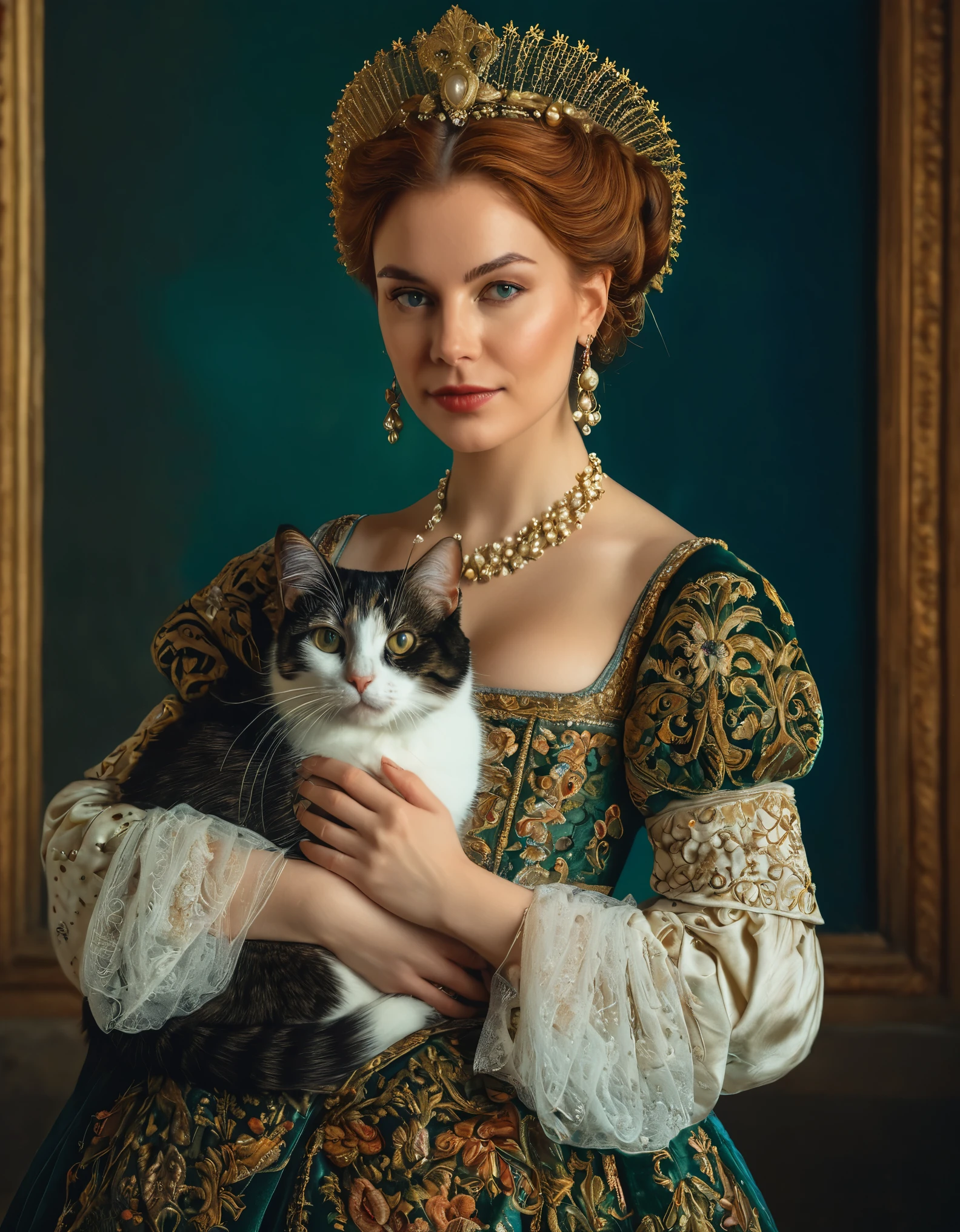Portrait of a beautiful 30-year-old woman holding a cat in her arms, both looking directly at the camera. The woman is dressed in Renaissance-style clothing, with a richly embroidered gown and a delicate headdress. The cat has soft fur and bright, expressive eyes. The image is created in the style of a Renaissance painting, with attention to historical accuracy, detailed textures, and rich colors. The background is softly blurred to focus attention on the woman and the cat