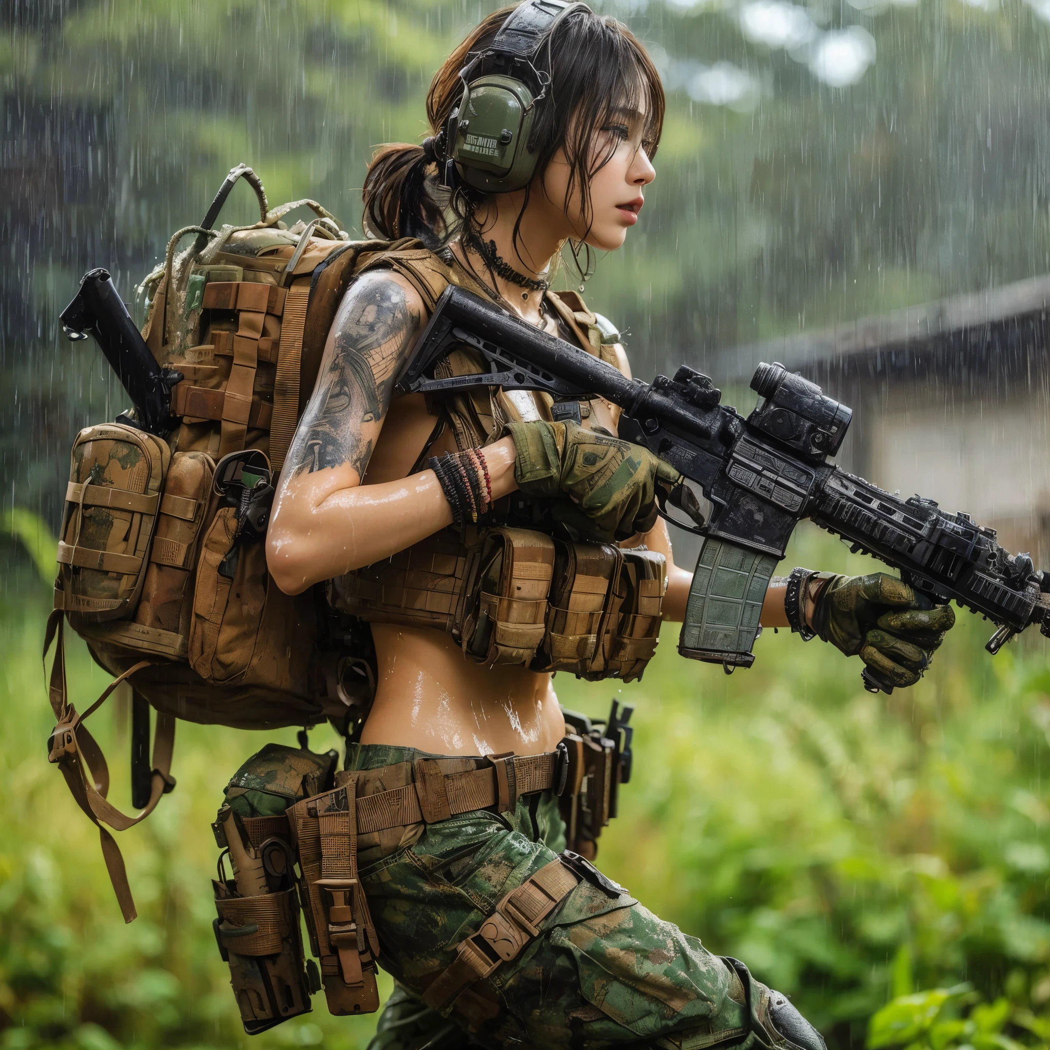 8k,Realistic Photo、Realistic Skin Texture、Superrealism、Japanese women in the U.S. military、Searching for something in a mysterious abandoned factory、The concrete floor is cracked and wet.、Abandoned machinery is rusting and decaying.、Tattoo