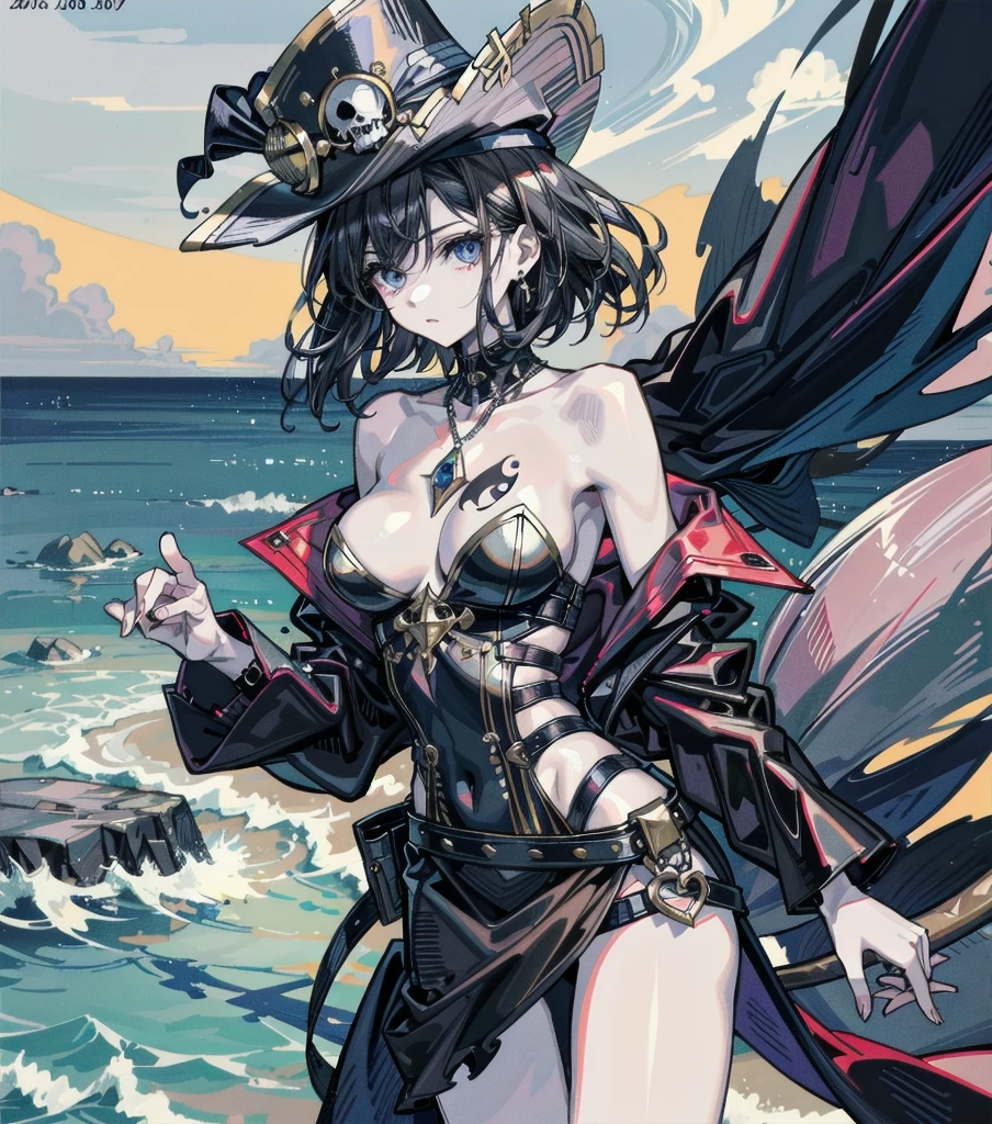 absurdres, RAW photo, extremely delicate, extremely beautiful, masterpiece, Best Quality, ultra high resolution, 32k, hyperrealistic, ultra-detailed description, perfect anatomy, pale skin, 20 years old, detailed beautiful face, detailed beautiful face eyes, tearful mole, earring, short medium hair, wavy hair, black hair, big tits, slim body, narrow waist, whole body, Practical pirate clothing, Long-sleeved pirate top, Skirt,Torn pirate hat, beach,
