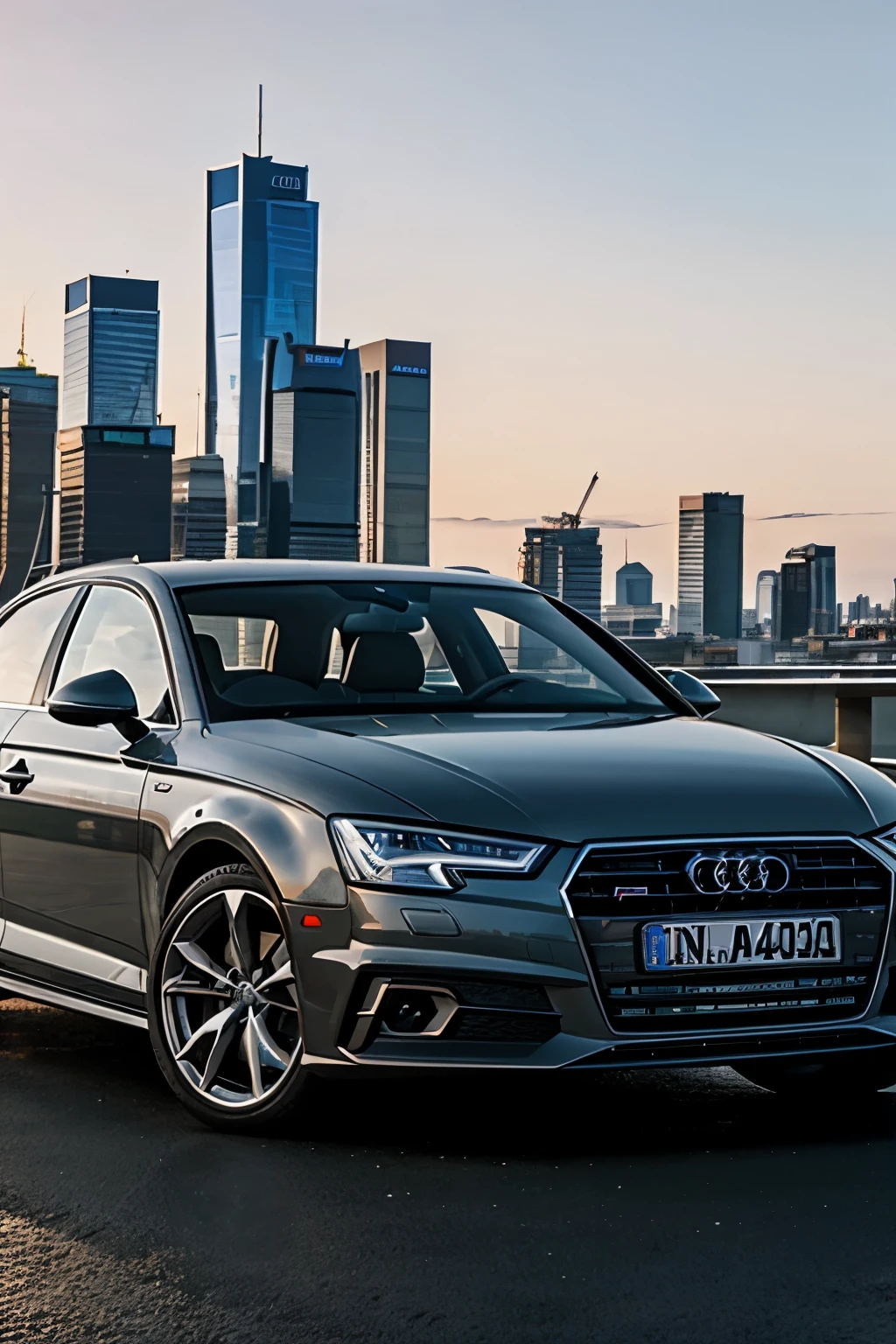 Audi A4 against the backdrop of the city with sunset