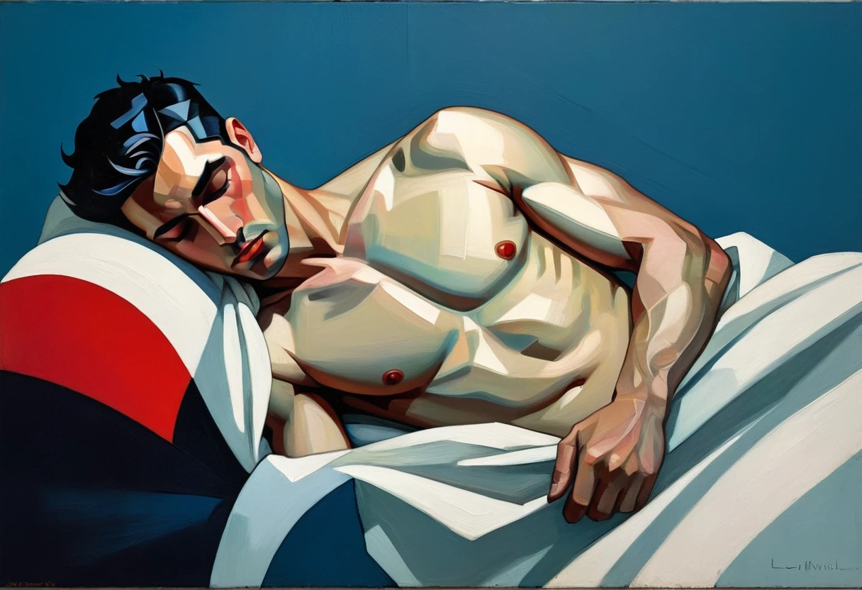 chiaroscuro technique on sensual illustration of an arafed man resting in white blanket, sexy masculine, model with attractive body, inspired by Ludovit Fulla, mid-shot of a hunky, the model draped in flowing, thick oil painting by Harumi Hironaka, extremely soft colors, vibrant, highly detailed, malcolm liepke painting, oil on canvas, high contrast, dramatic, refined, tonal, Create high contrast between light and shadow by Leon Polk Smith, memphis abstract minimal art, graphic shapes, minimal art, blue and red, minimal art style, bauhaus art, inspired by El Lissitzky, bold simple shapes, shadow