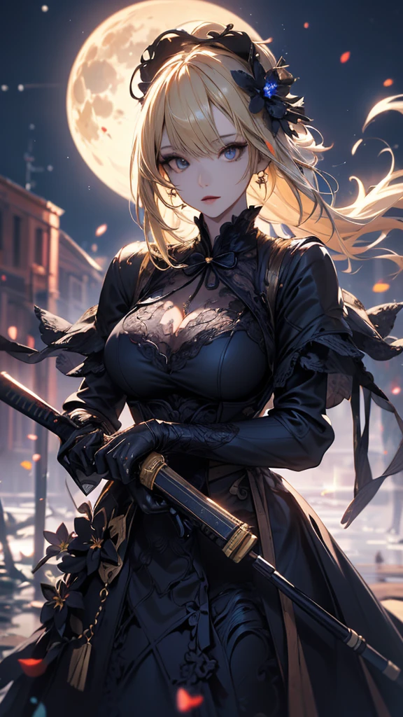 masterpiece, high quality, 4K, Beautiful design, silhouette，blonde， 非常に詳細な夜のStarry Sky,Flower Field， wonderful, Finer details,  A very knowledgeable female demon, Highly detailed solo, 1 female,Big Breasts，Gothic Lolita Fashion，２Hold the gun in front of your chest.，Night view，Starry Sky，full moon，